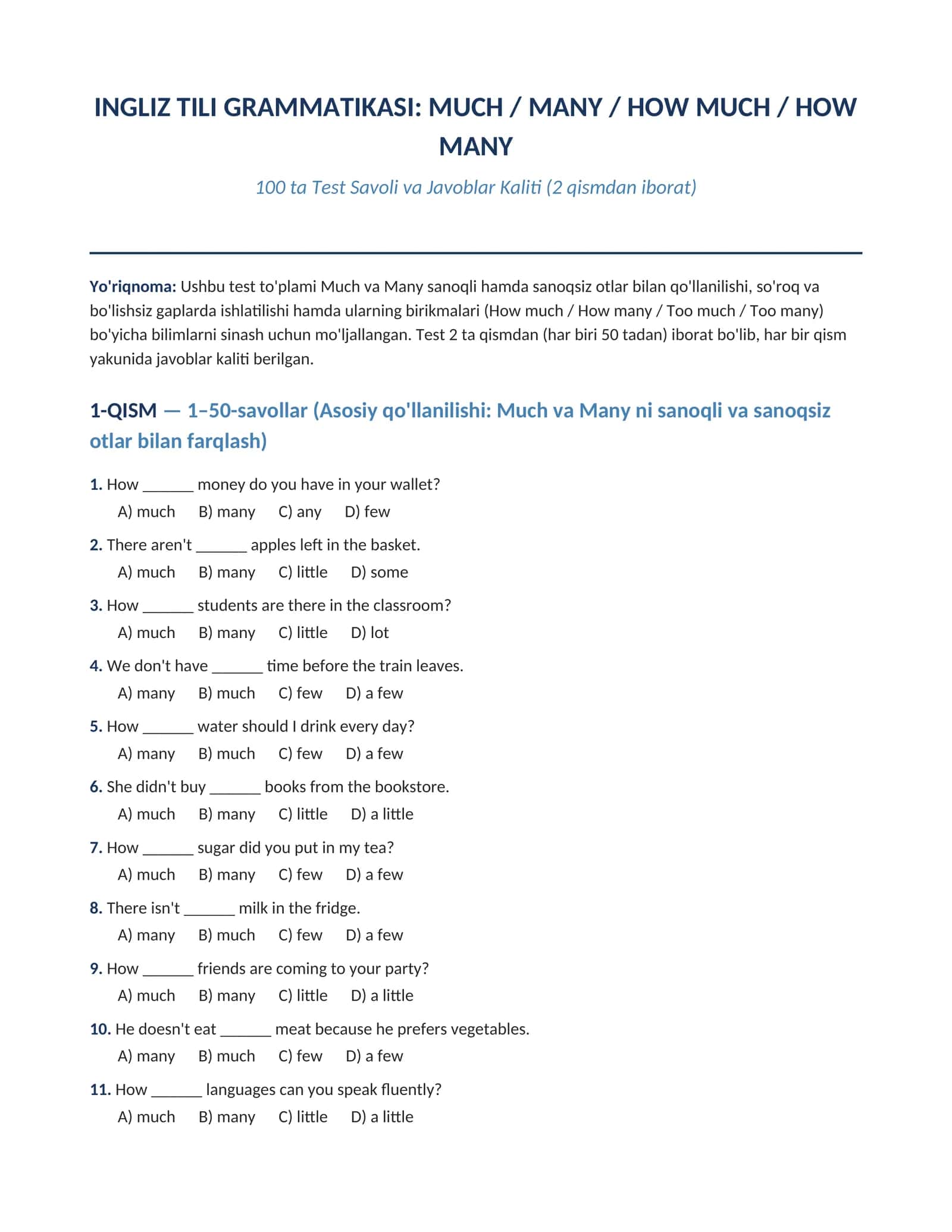 INGLIZ TILI GRAMMATIKASI: MUCH / MANY / HOW MUCH / HOW  MANY  mavzusi bo'yicha 100 talik test javoblari bilan 1