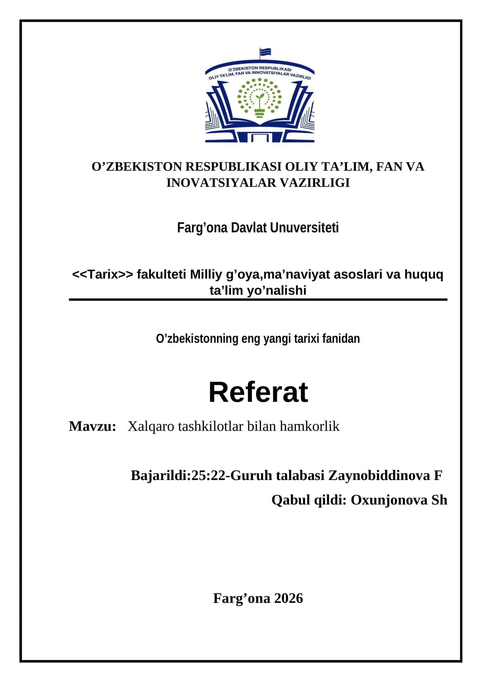 O’zbekistonning Xalqaro Tashkilotlar Bilan Hamkorlik Referati 1