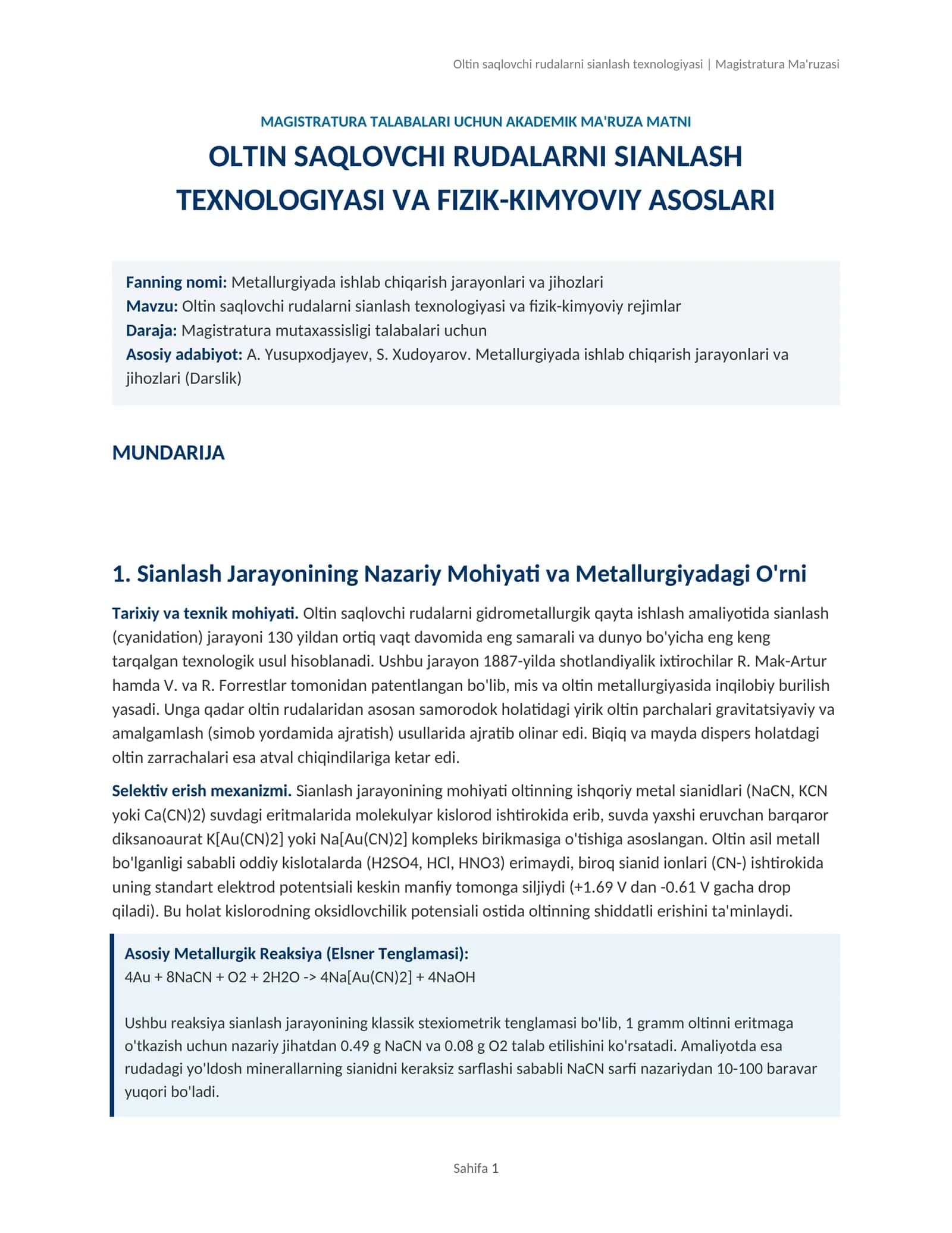 Metallurgiyada ishlab chiqarish jarayonlari va jihozlari 1