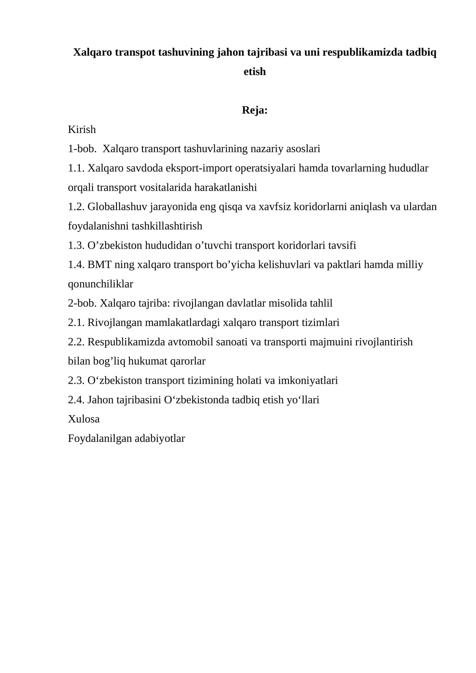 Xalqaro transpot tashuvining jahon tajribasi va uni respublikamizda tadbiq etish 1