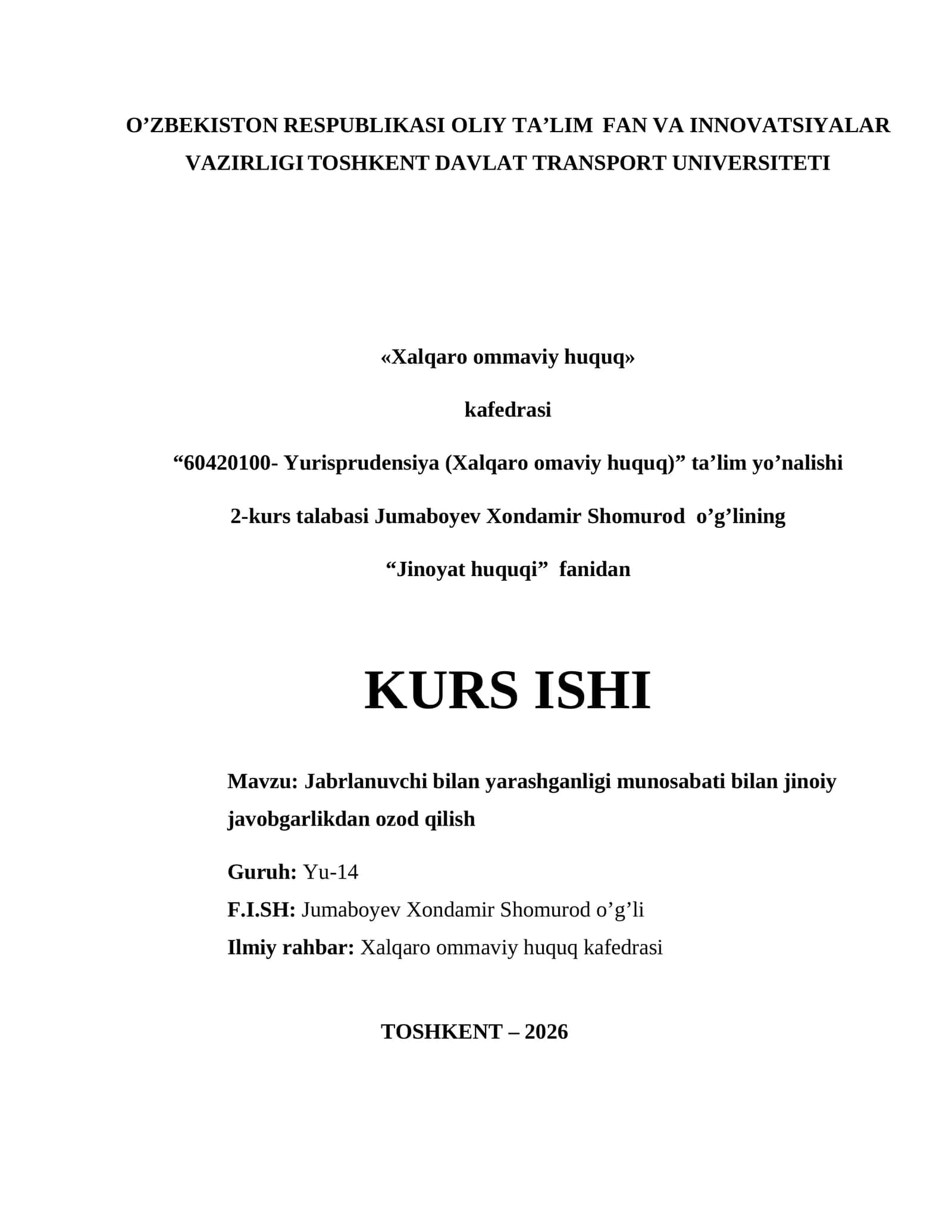 Jinoyat huquqi KURS ISHI Mavzu: Jаbrlаnuvchi bilаn yаrаshgаnligi munosаbаti bilаn jinoiy jаvobgаrlikdаn ozod qilish 1