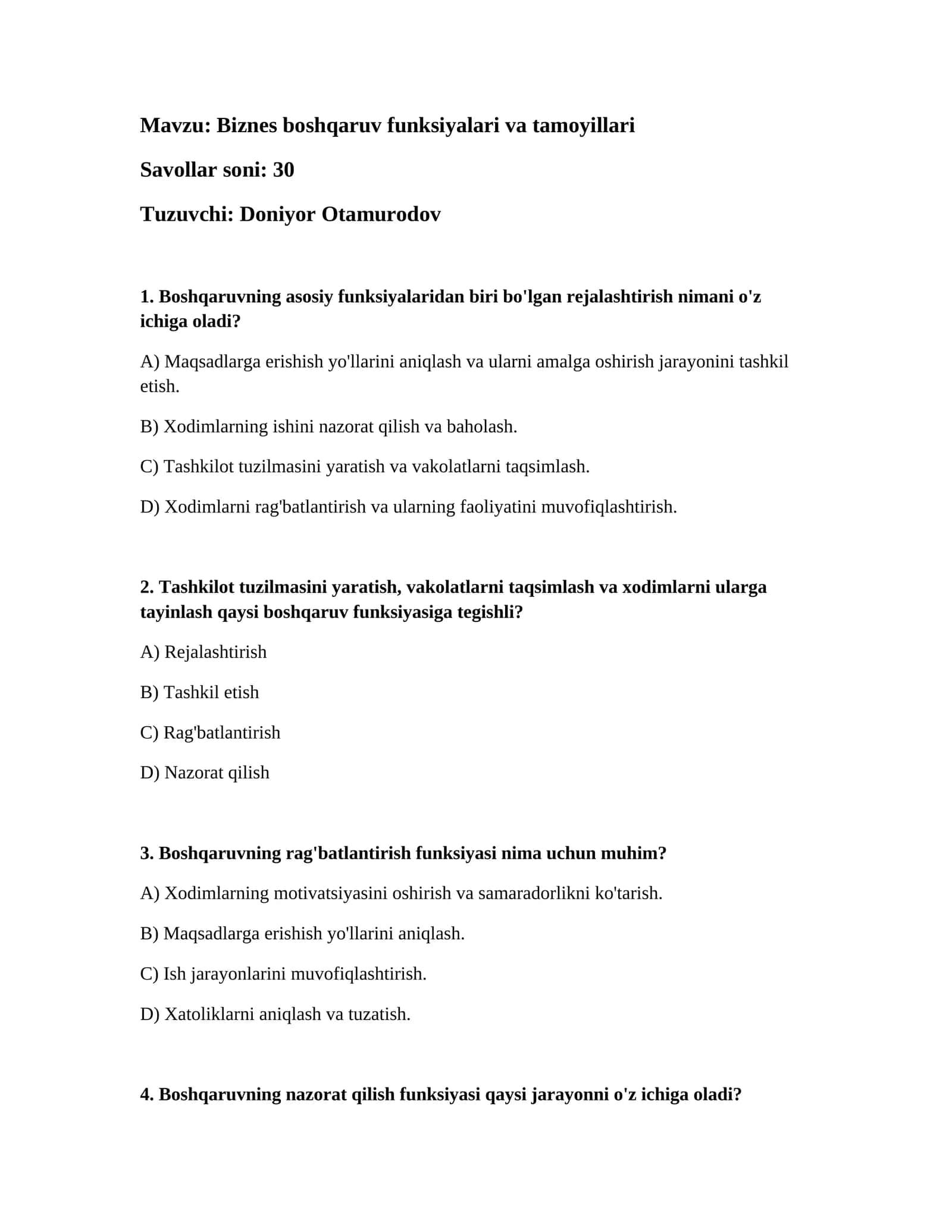 Biznes boshqaruv funksiyalari va tamoyillari 1