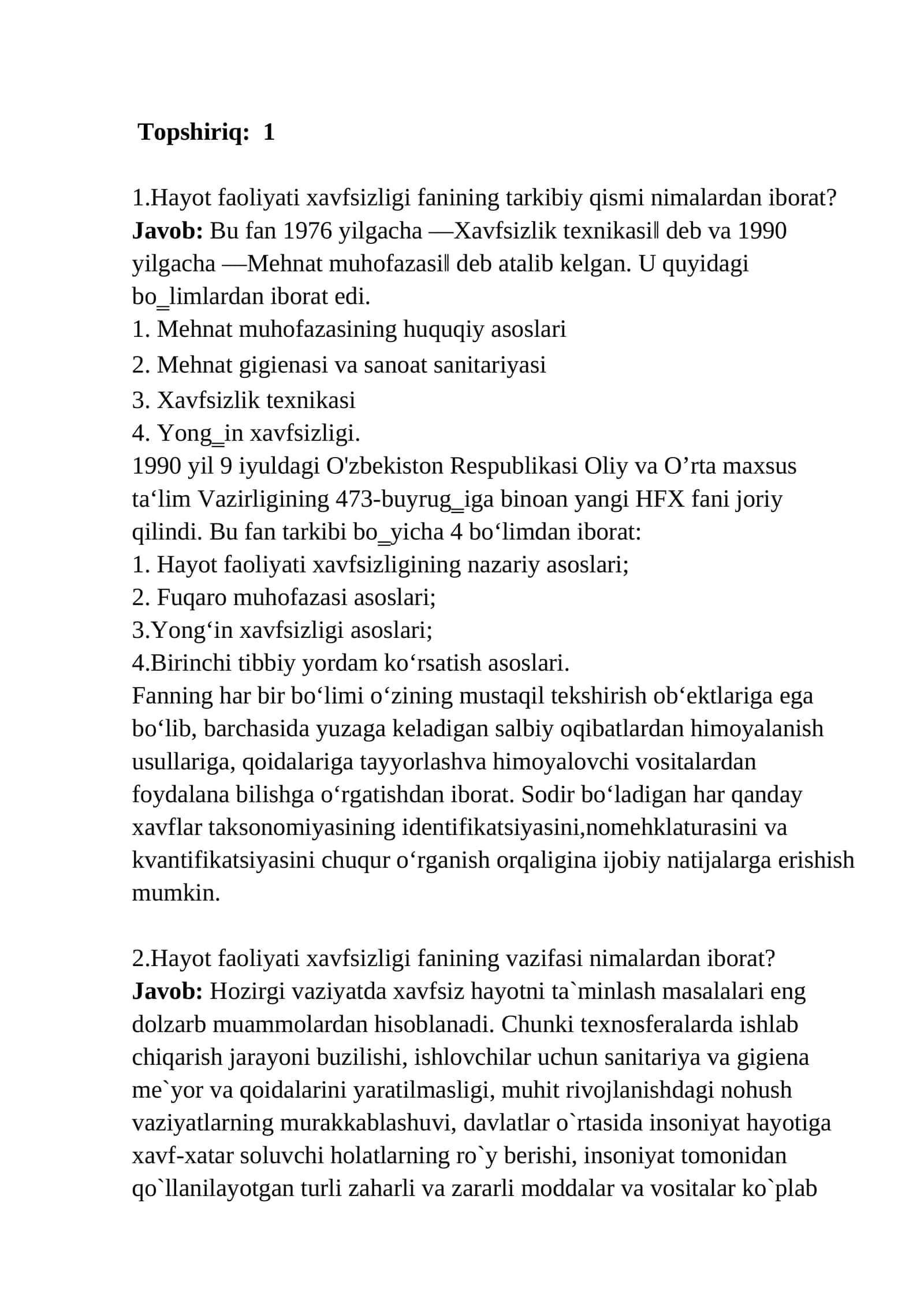 Hayot faoliyati xavfsizligi fani 1