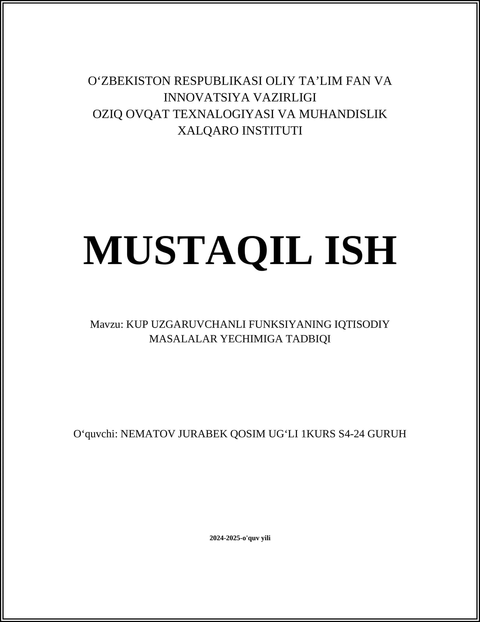 KUP UZGARUVCHANLI FUNKSIYANING IQTISODIY MASALALAR YECHIMIGA TADBIQI 1