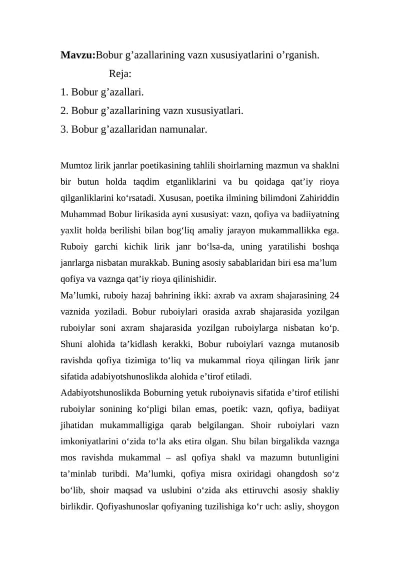 Bobur g’azallarining vazn xususiyatlarini o’rganish 1