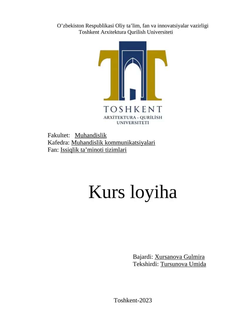 Issiqlik ta’minoti tizimlari Kurs loyiha 1