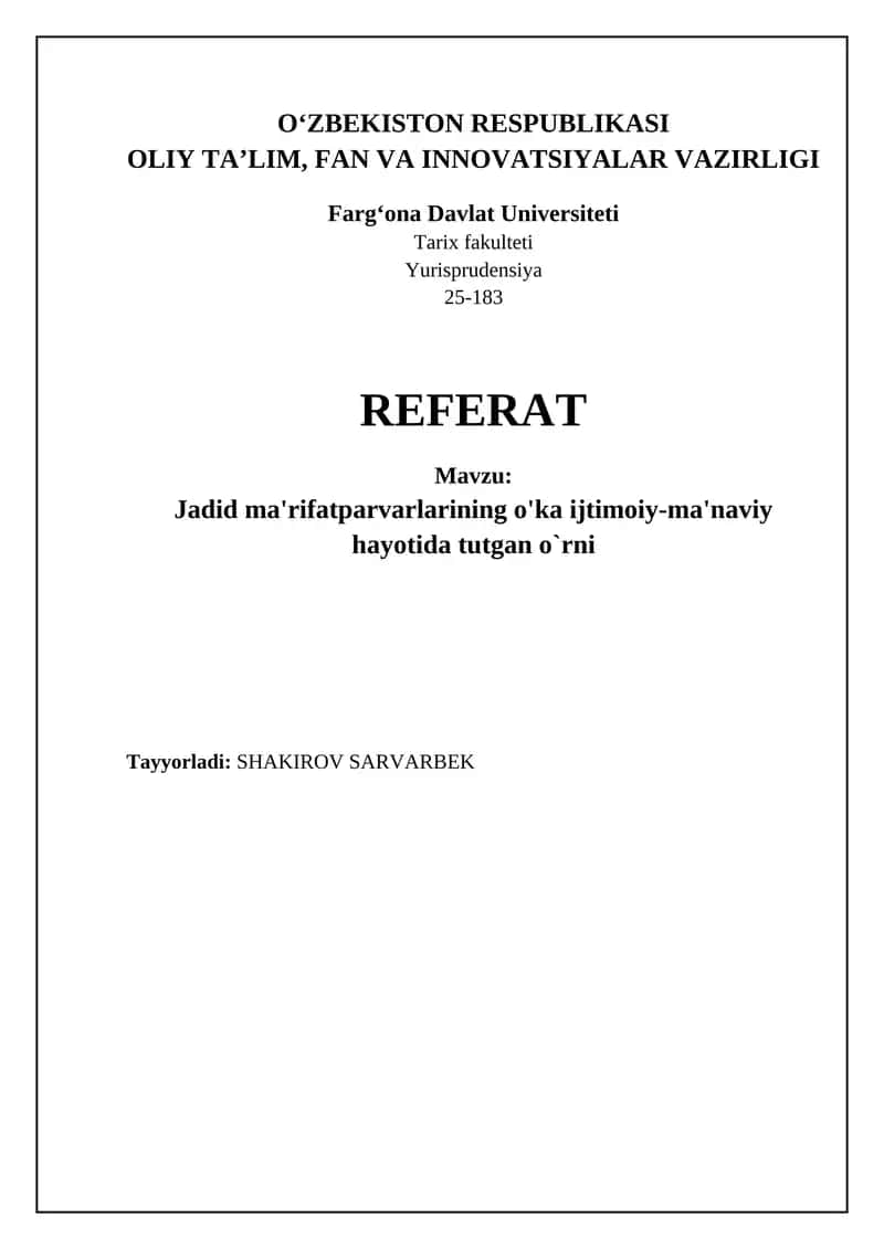 Jadid ma'rifatparvarlarining o'ka ijtimoiy-ma'naviy hayotida tutgan o`rni 1