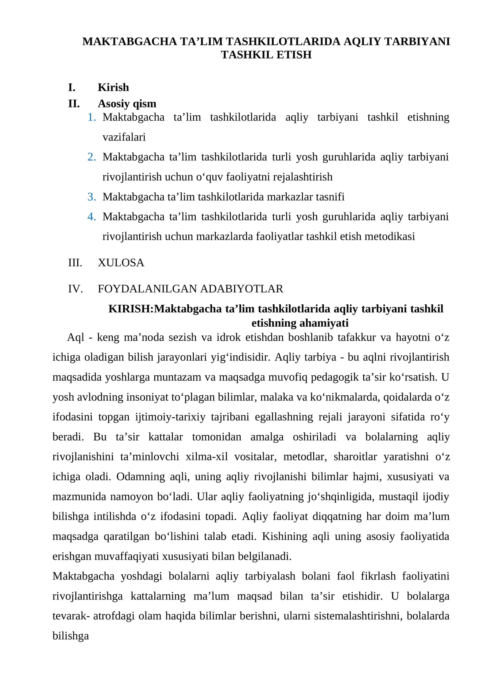 MAKTABGACHA TA’LIM TASHKILOTLARIDA AQLIY TARBIYANI TASHKIL ETISH 1