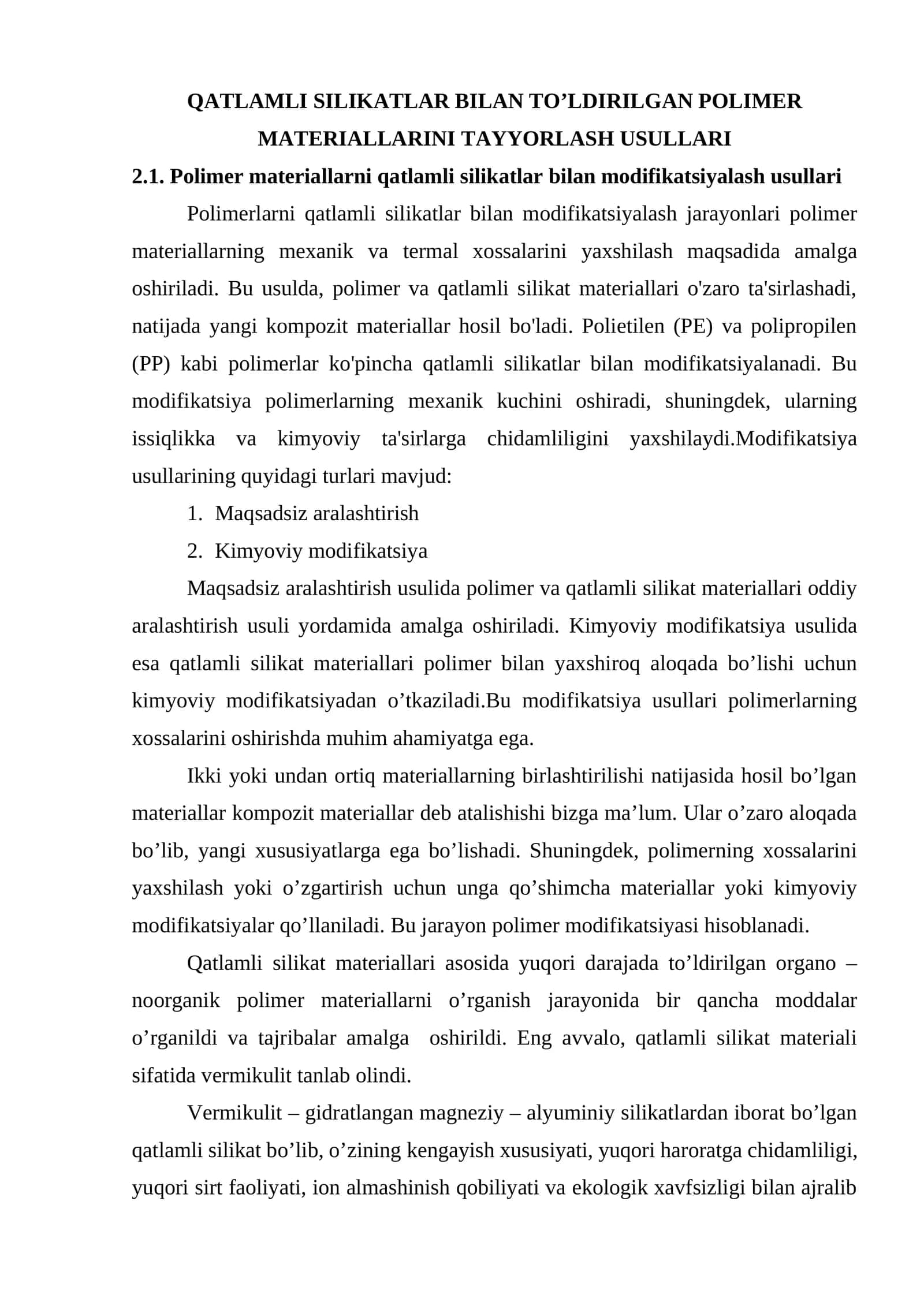 Polimer materiallarni qatlamli silikatlar bilan to'ldirilgan 1
