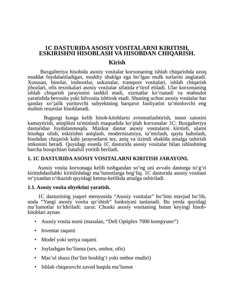 1C DASTURIDA ASOSIY VOSITALARNI KIRITISH 1