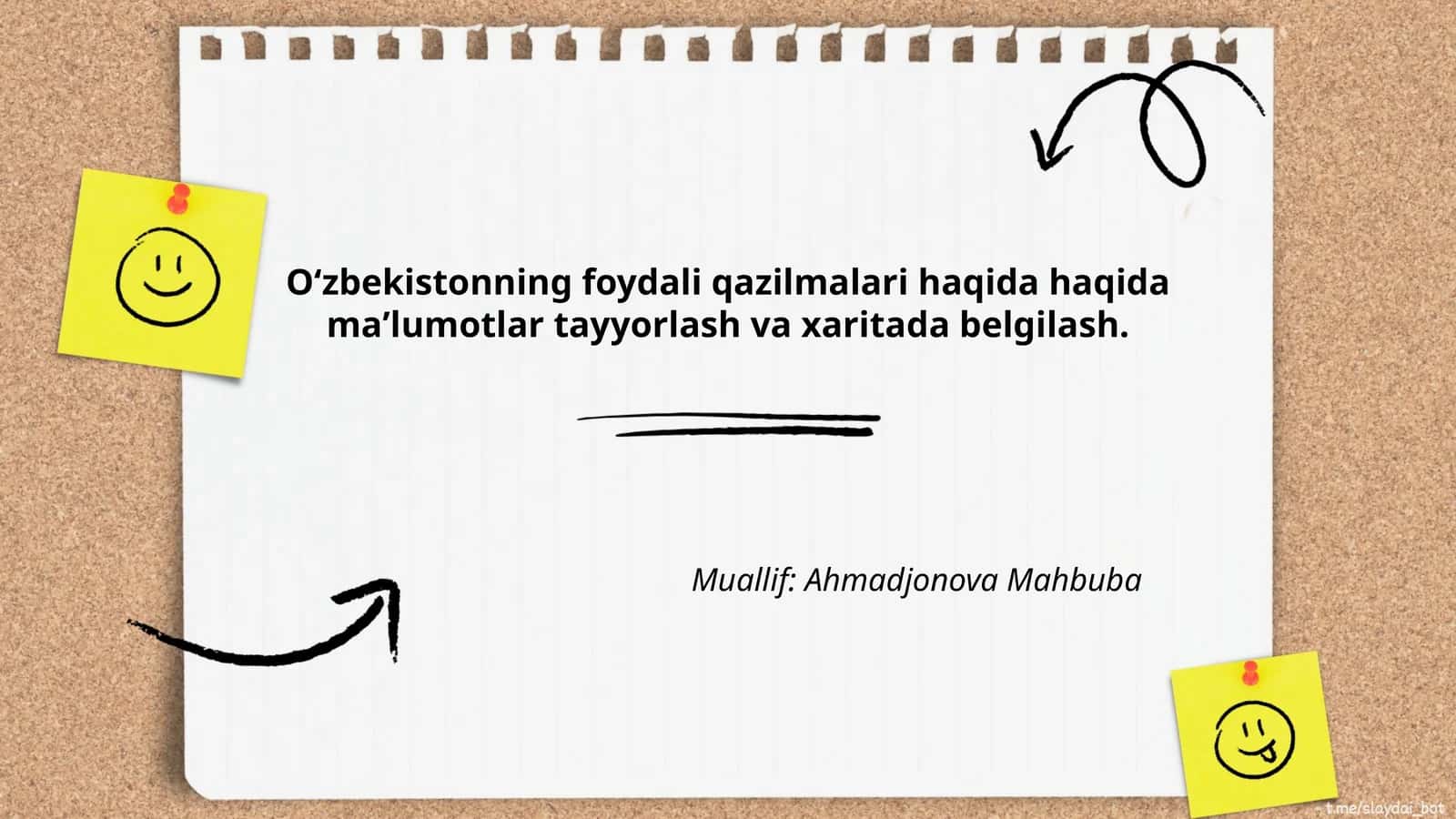 Oʻzbekistonning foydali qazilmalari haqida maʼlumotlar tayyorlash va xaritada belgilash 1