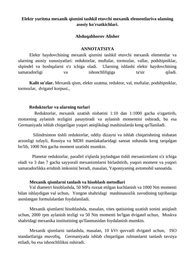 Elektr yuritma mexanik qismini tashkil etuvchi mexanik elementlar va ularning asosiy xususiyatlari 1