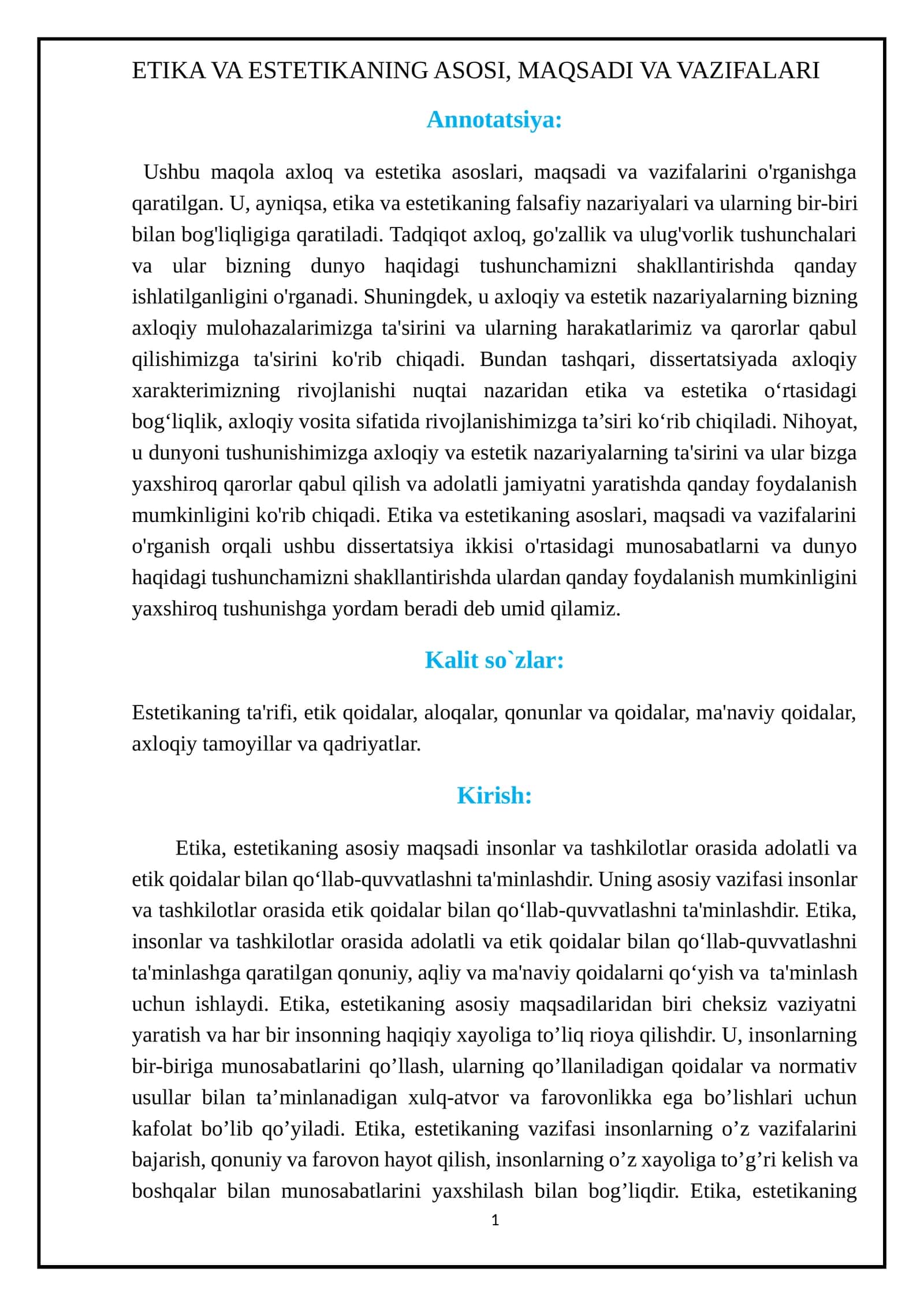 ETIKA VA ESTETIKANING ASOSI, MAQSADI VA VAZIFALARI 1