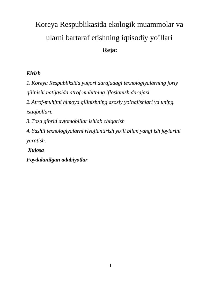 Koreya Respublikasida ekologik muammolar va ularni bartaraf etishning iqtisodiy yo’llari 1