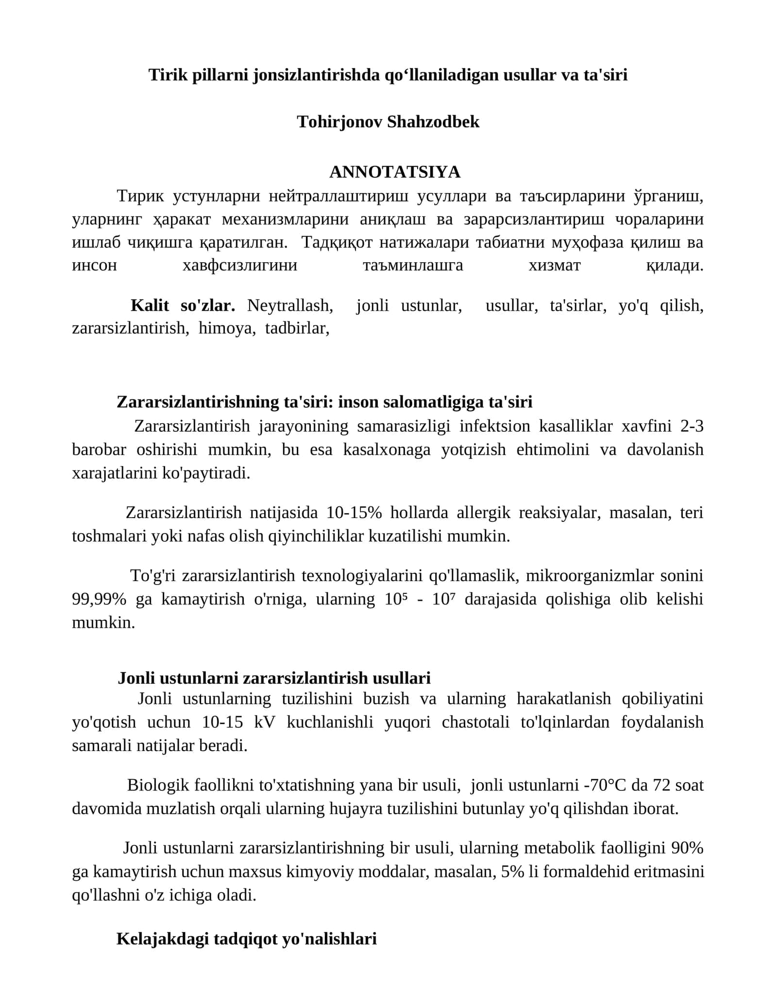 Tirik pillarni jonsizlantirishda qoʻllaniladigan usullar va ta'siri 1