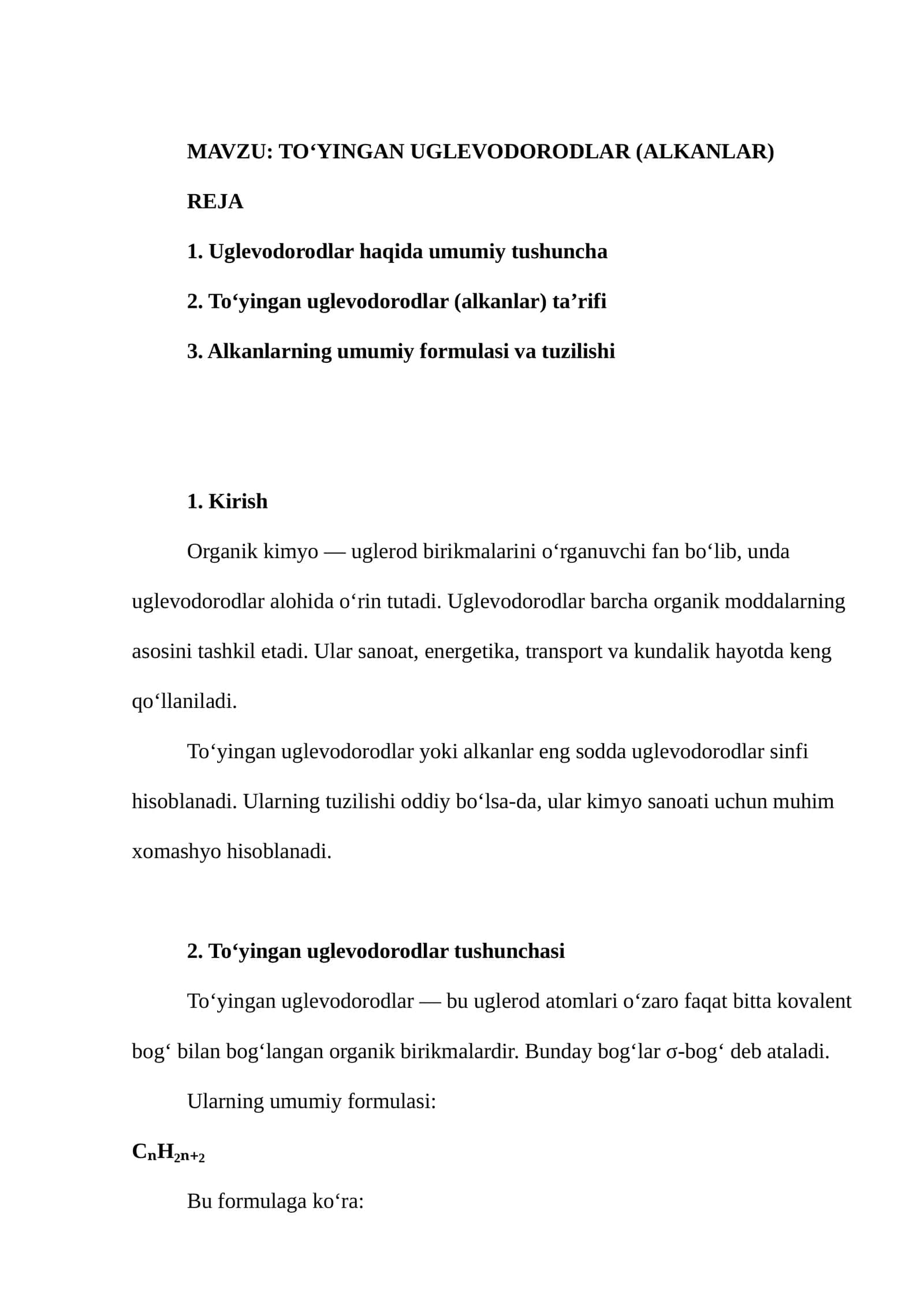 TO‘YINGAN UGLEVODORODLAR (ALKANLAR) 1