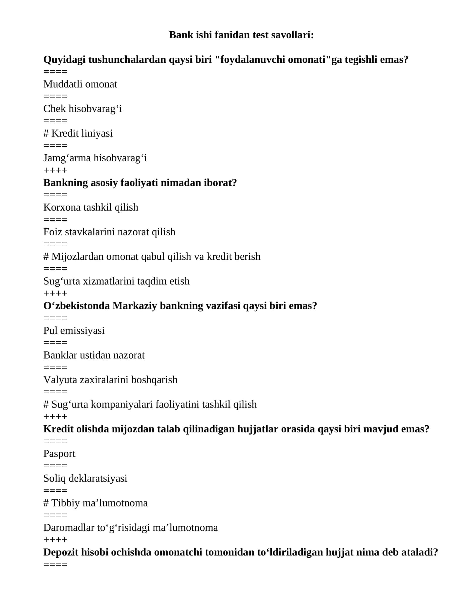 Mavzu: Bank ishi fanidan test savollari 1