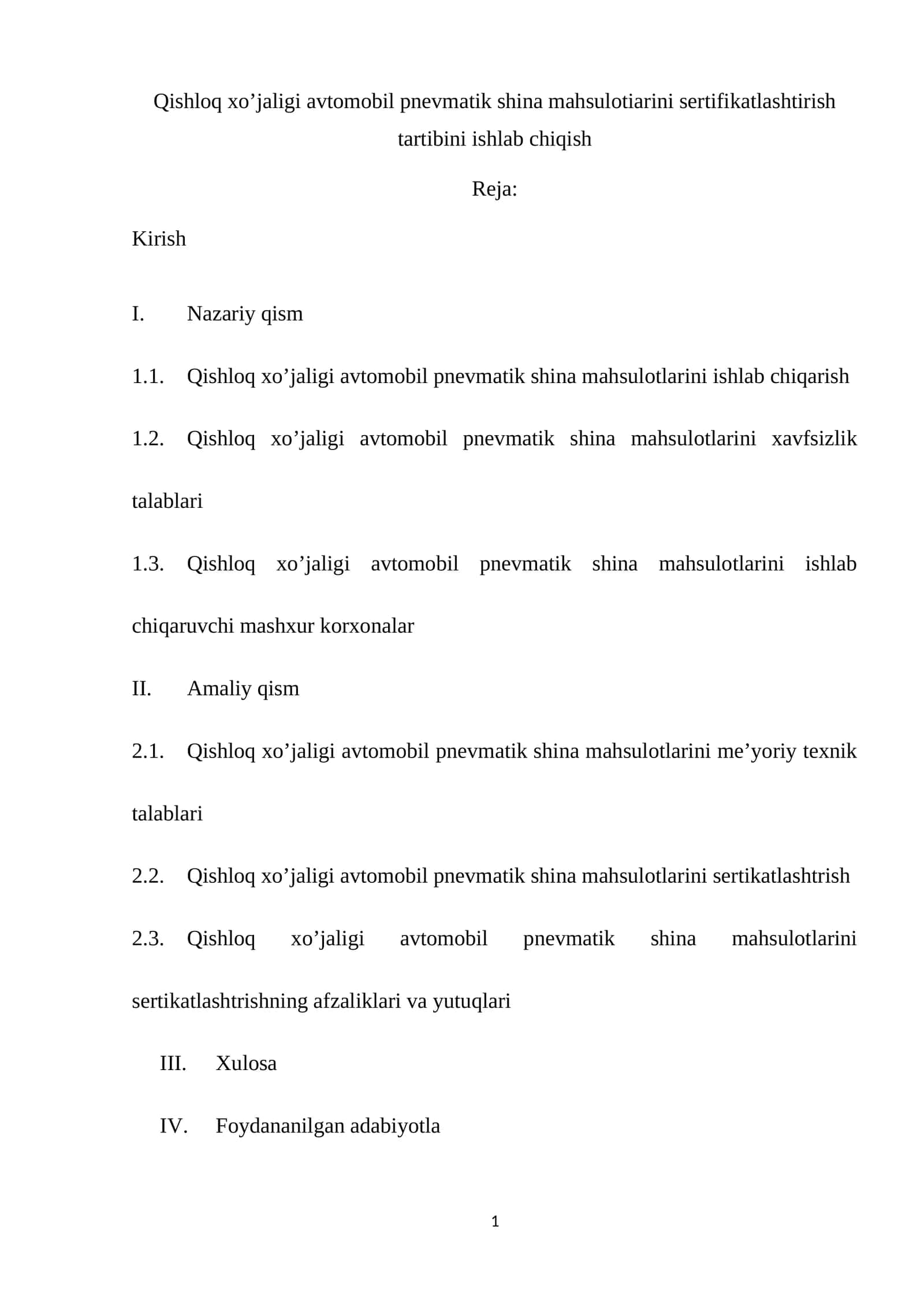 Qishloq xo’jaligi avtomobil pnevmatik shina mahsulotiarini sertifikatlashtirish tartibini ishlab chiqish 1
