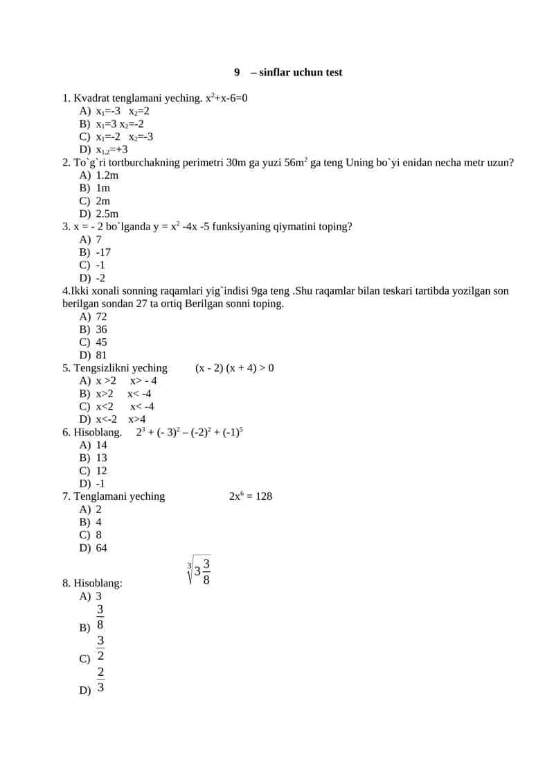 9-sinflar uchun test 1