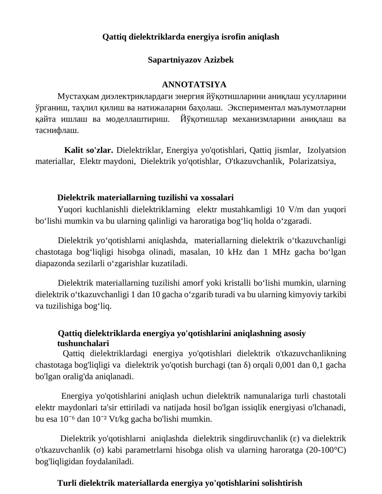 Qattiq dielektriklarda energiya isrofin aniqlash 1