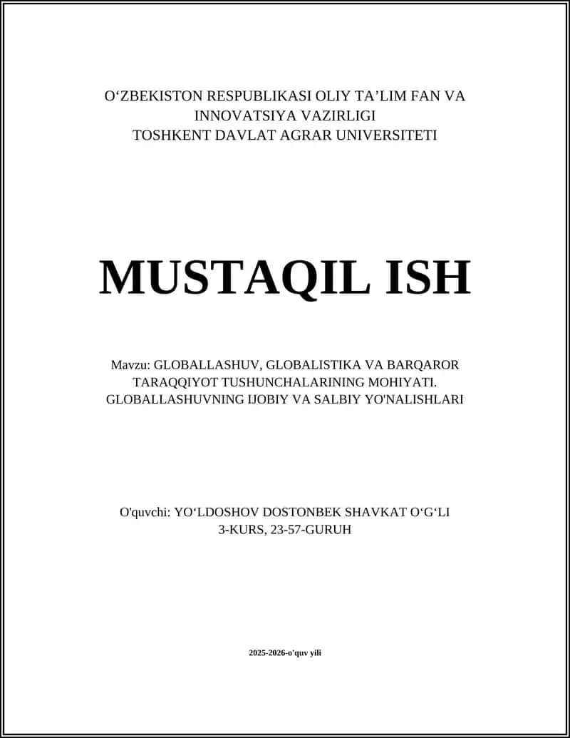 Globallashuv, Globalistika va Barqaror Taraqqiyot Tushunchalari 1