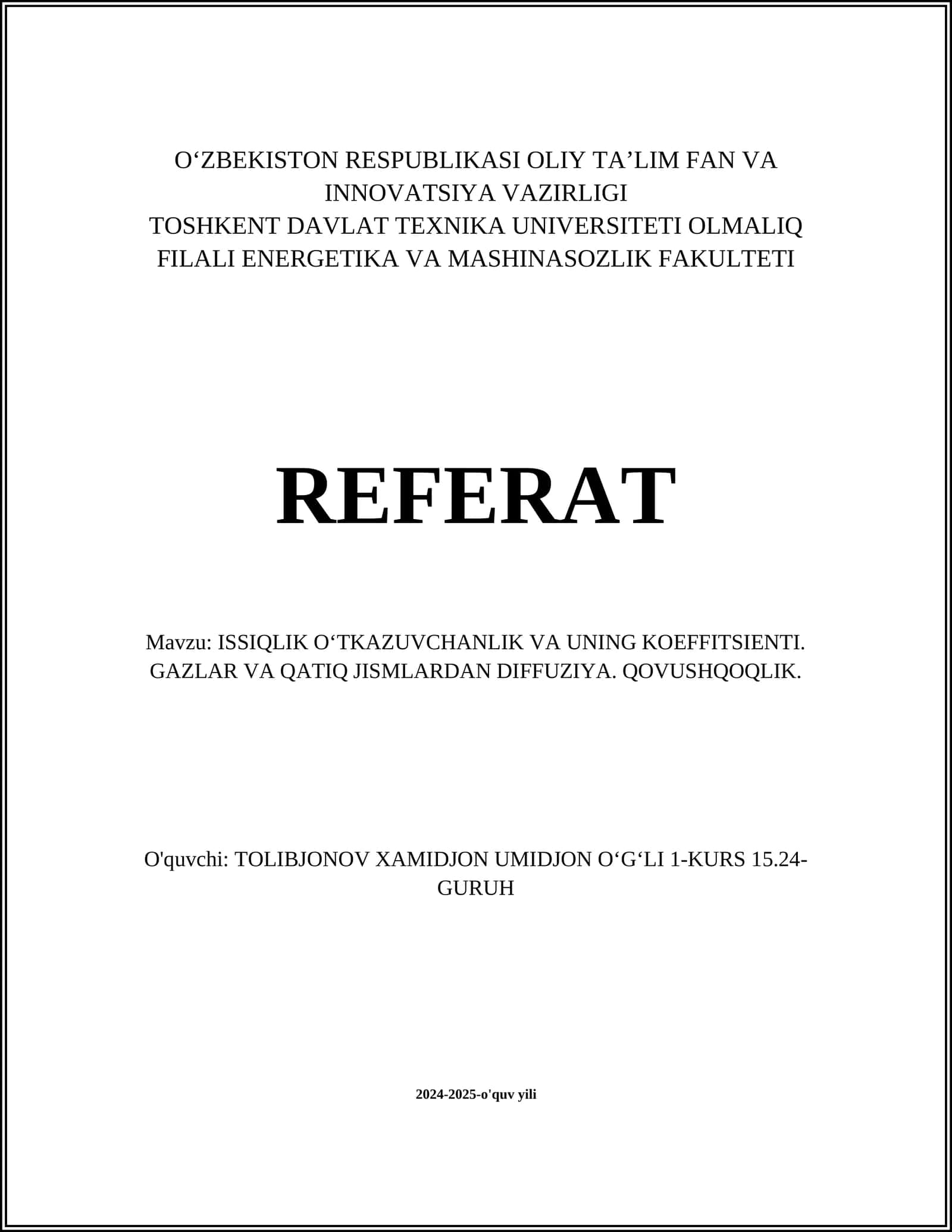 ISSIQLIK OʻTKAZUVCHANLIK VA UNING KOEFFITSIENTI 1