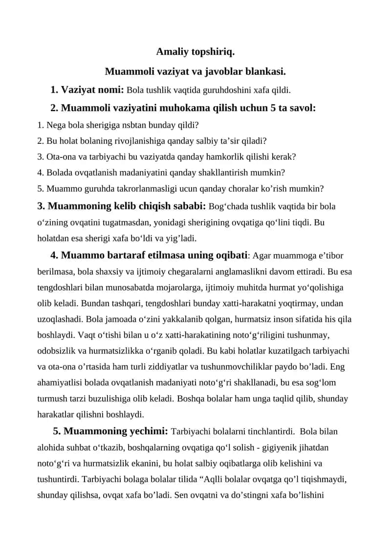 Muammoli vaziyat va javoblar blankasi. 1