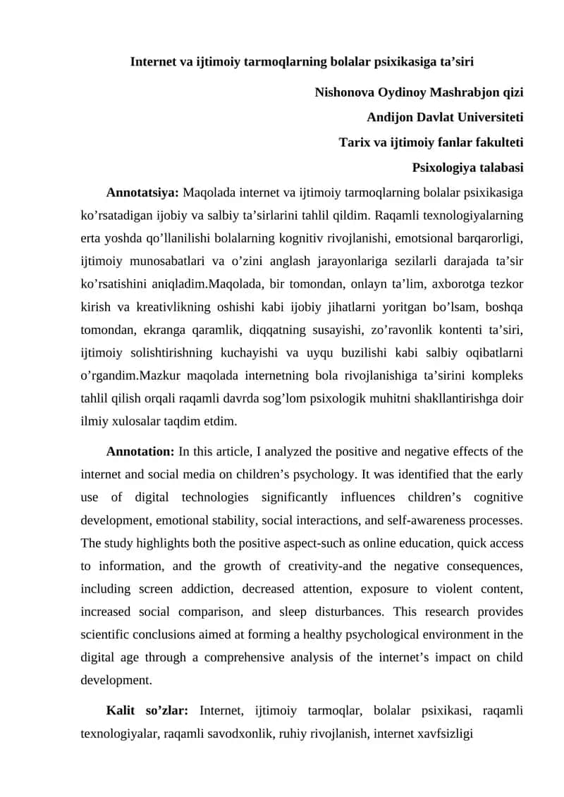 Internet va ijtimoiy tarmoqlarning bolalar psixikasiga ta’siri 1