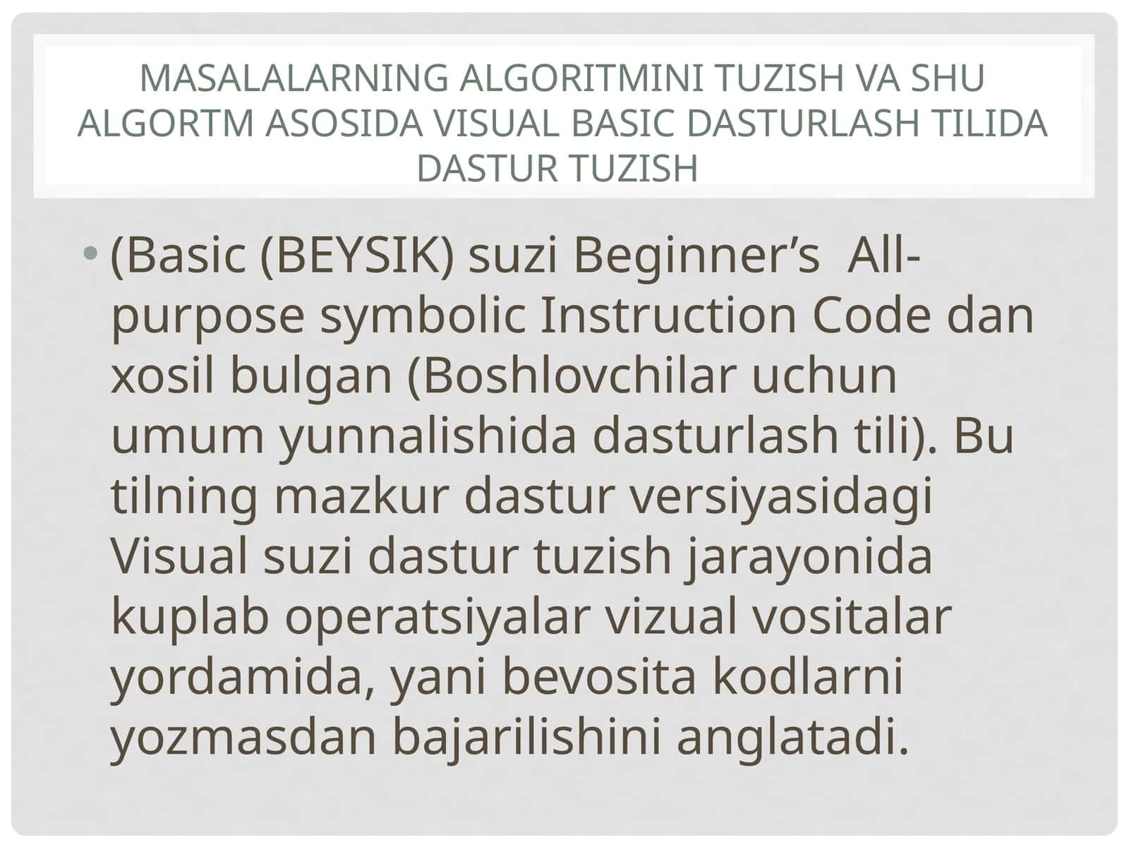 Masalalarning algoritmini tuzish va shu algortm asosida visual basic dasturlash tilida dastur tuzish 1