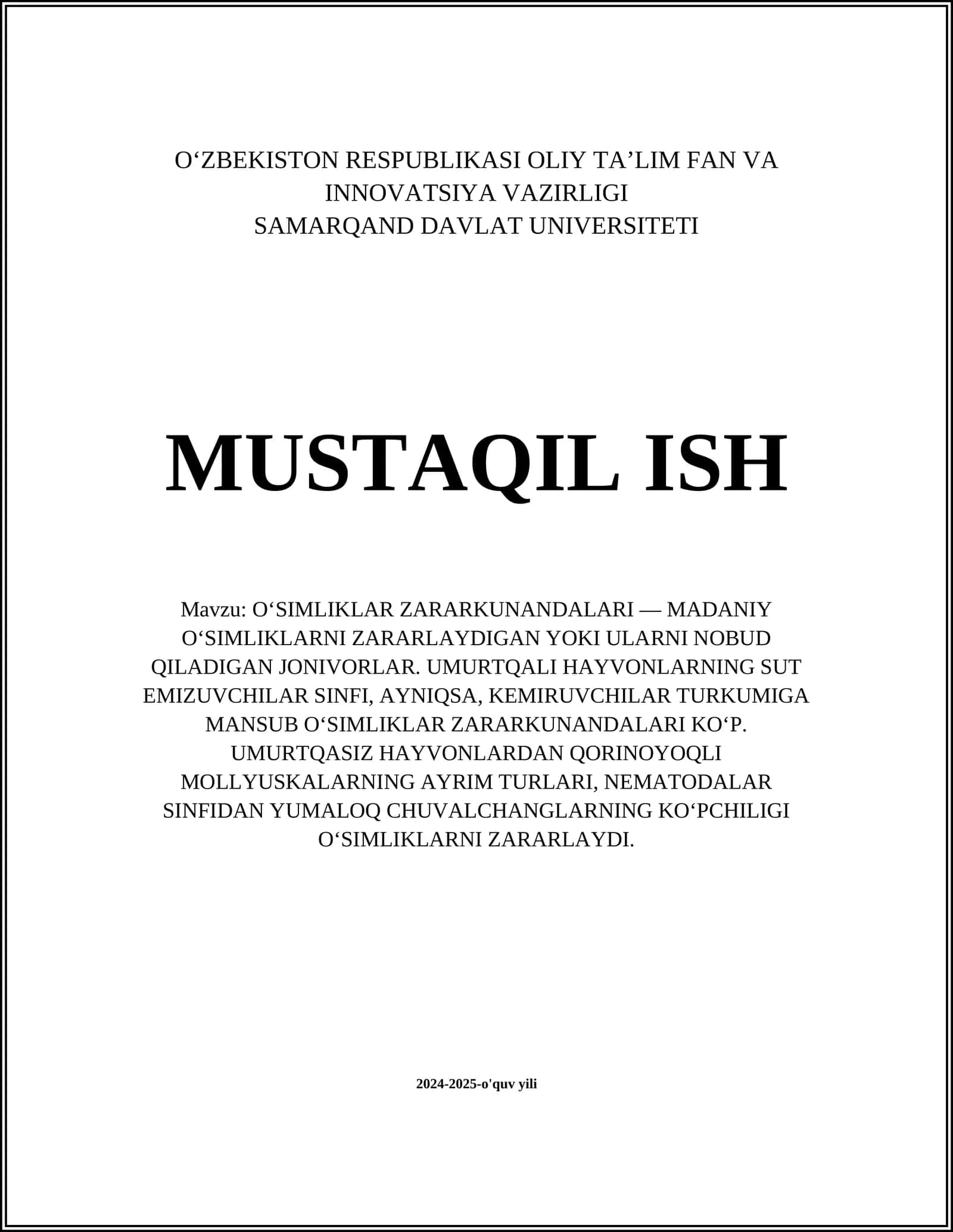 OʻSIMLIKLAR ZARARKUNANDALARI — MADANIY OʻSIMLIKLARNI ZARARLAYDIGAN YOKI ULARNI NOBUD QILADIGAN JONIVORLAR. UMURTQALI HAYVONLARNING SUT EMIZUVCHILAR SINFI, AYNIQSA, KEMIRUVCHILAR TURKUMIGA MANSUB OʻSIMLIKLAR ZARARKUNANDALARI KOʻP. UMURTQASIZ HAYVONLARDAN QORINOYOQLI MOLLYUSKALARNING AYRIM TURLARI, NEMATODALAR SINFIDAN YUMALOQ CHUVALCHANGLARNING KOʻPCHILIGI OʻSIMLIKLARNI ZARARLAYDI 1