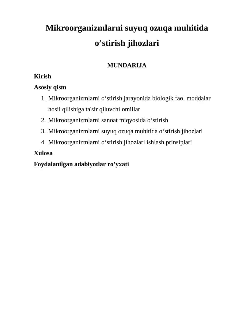 Mikroorganizmlarni suyuq ozuqa muhitida o’stirish jihozlari KURS ISHI 1