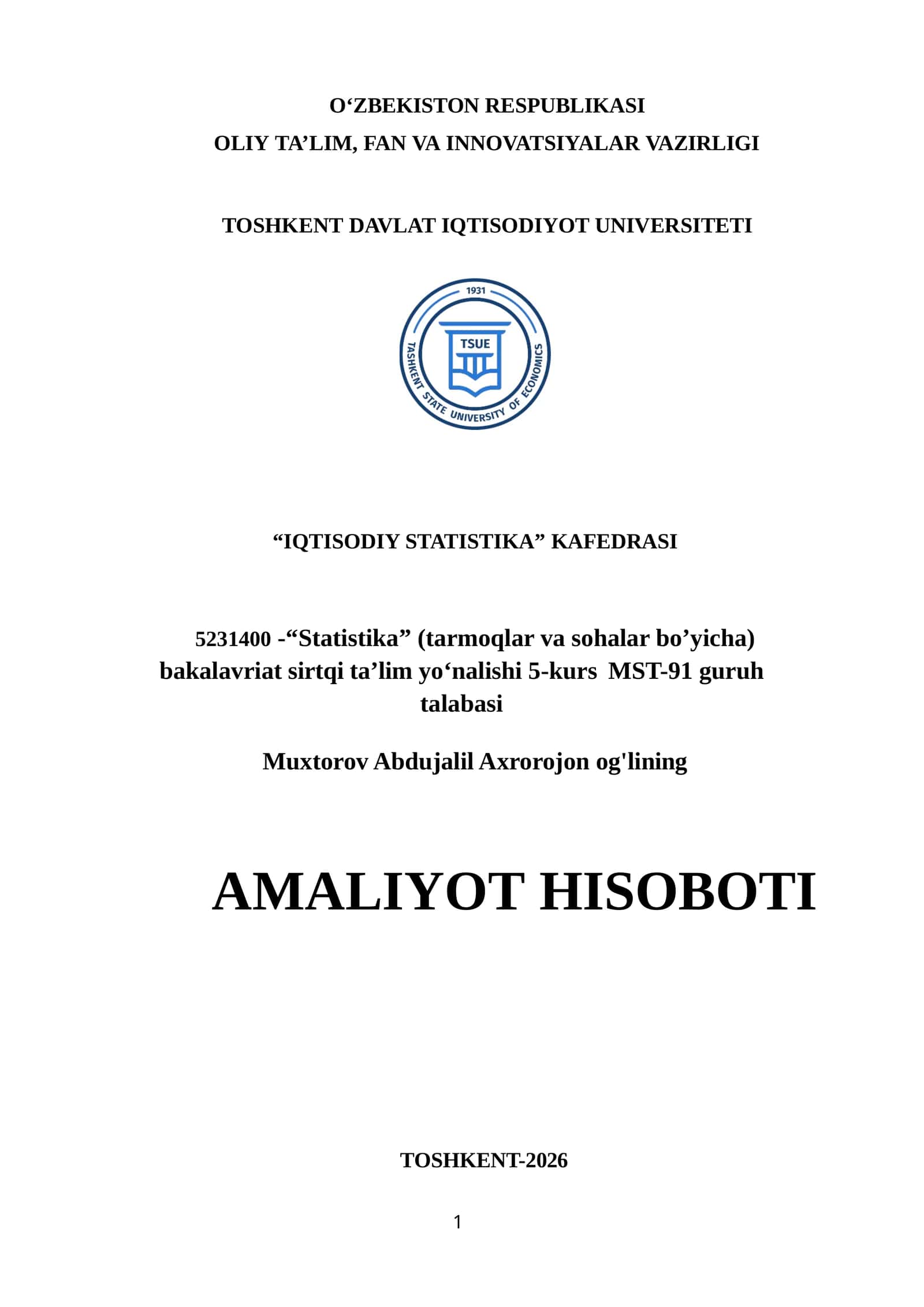 AMALIYOT HISOBOTI. Iqtisodiyot va moliya vazirligi 1