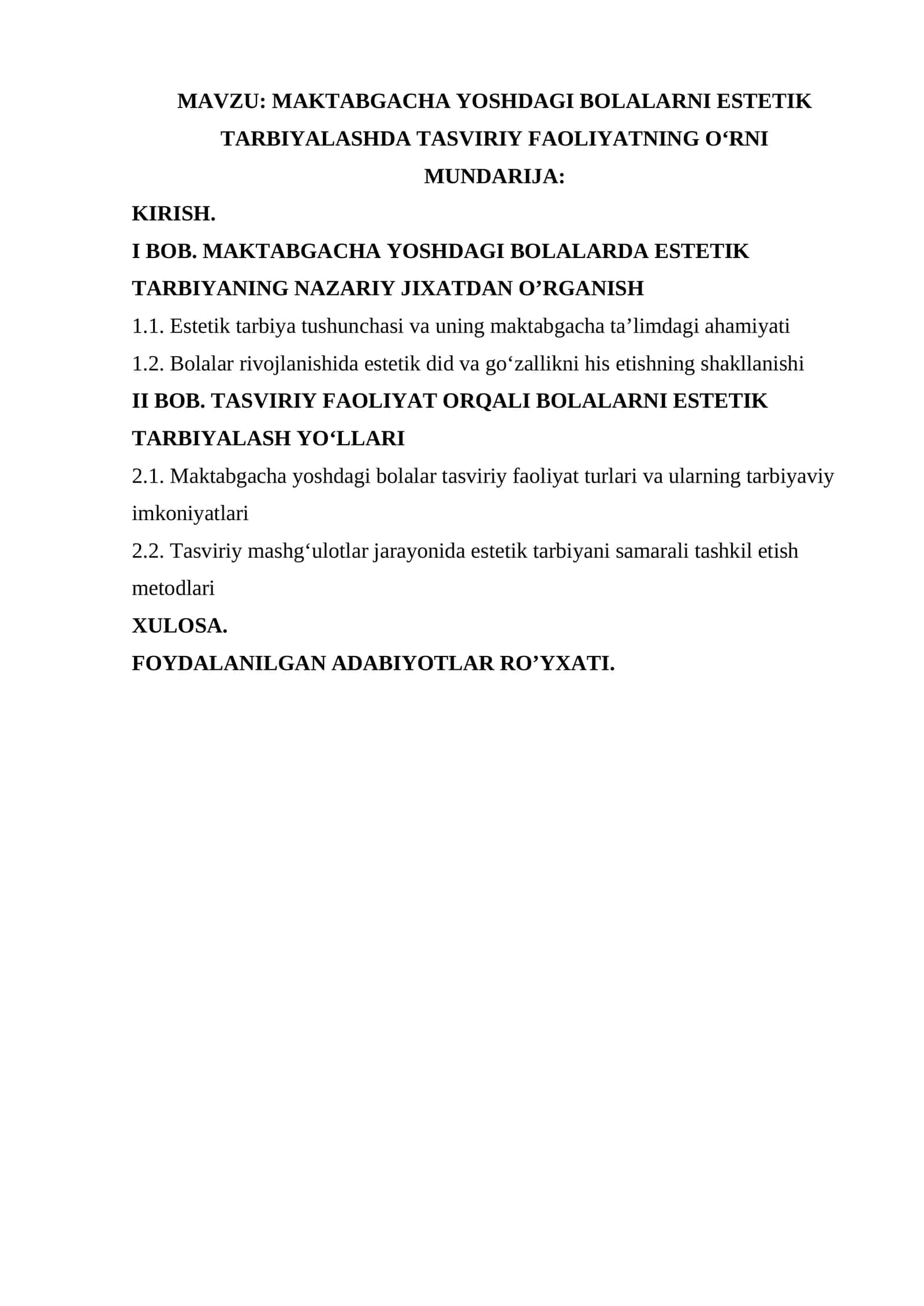 MAKTABGACHA YOSHDAGI BOLALARNI ESTETIK TARBIYALASHDA TASVIRIY FAOLIYATNING O‘RNI 1