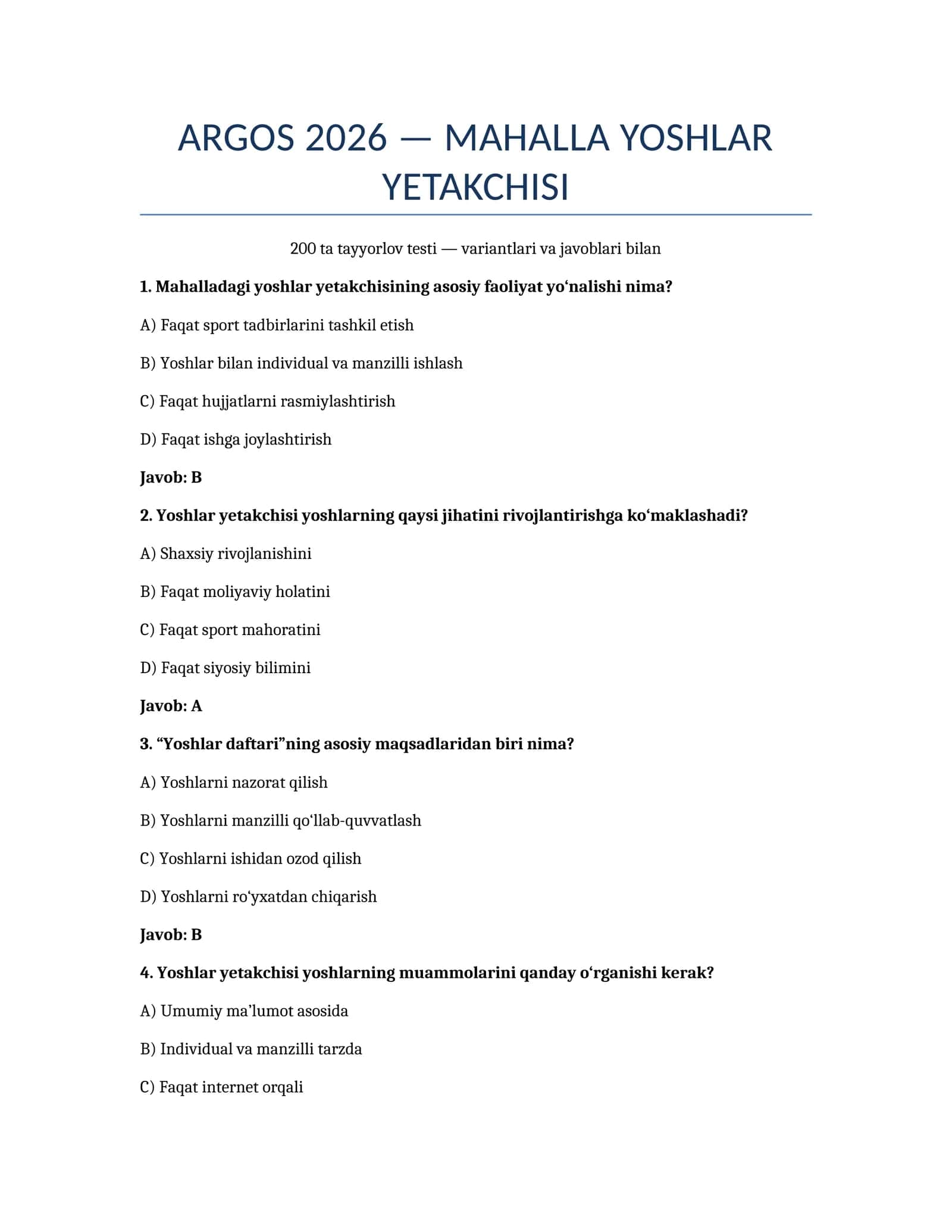Mahalla yoshlar yetakchisi uchun test savollar 1