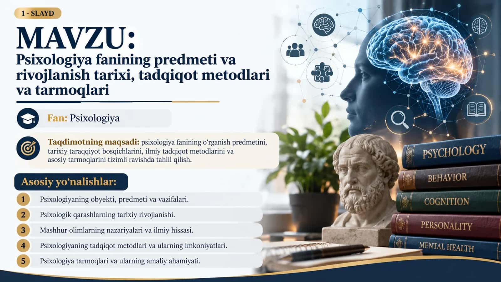 Psixologiya fanining predmeti, rivojlanish tarixi, tadqiqot metodlari va tarmoqlari — 30 slaydli taqdimot 1