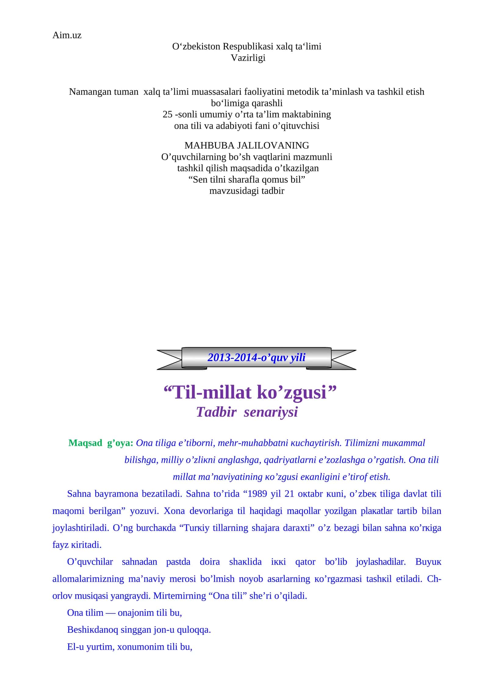 “Sen tilni sharafla qomus bil” mavzusidagi tadbir 1