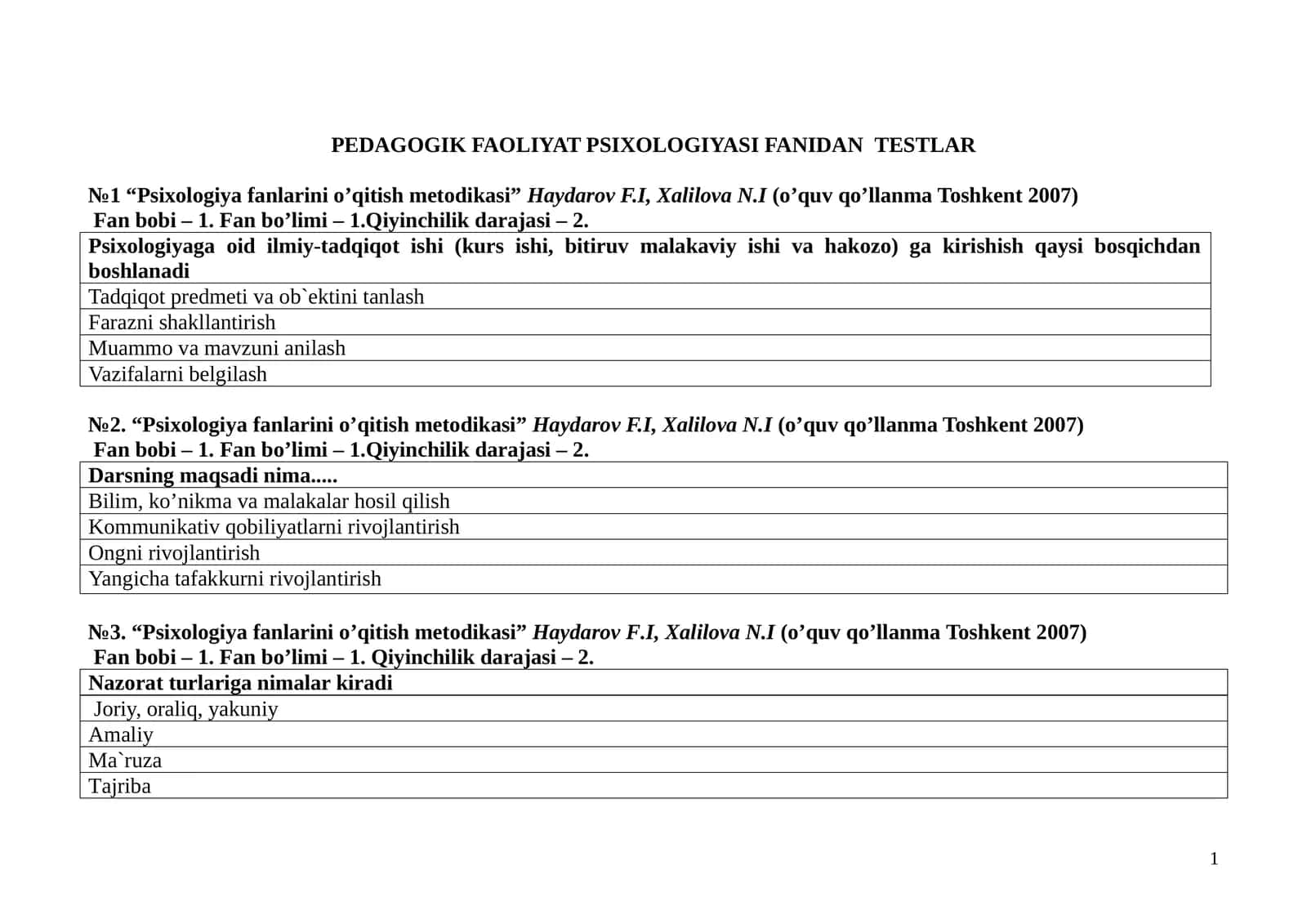 PEDAGOGIK FAOLIYAT PSIXOLOGIYASI FANIDAN TESTLAR 1