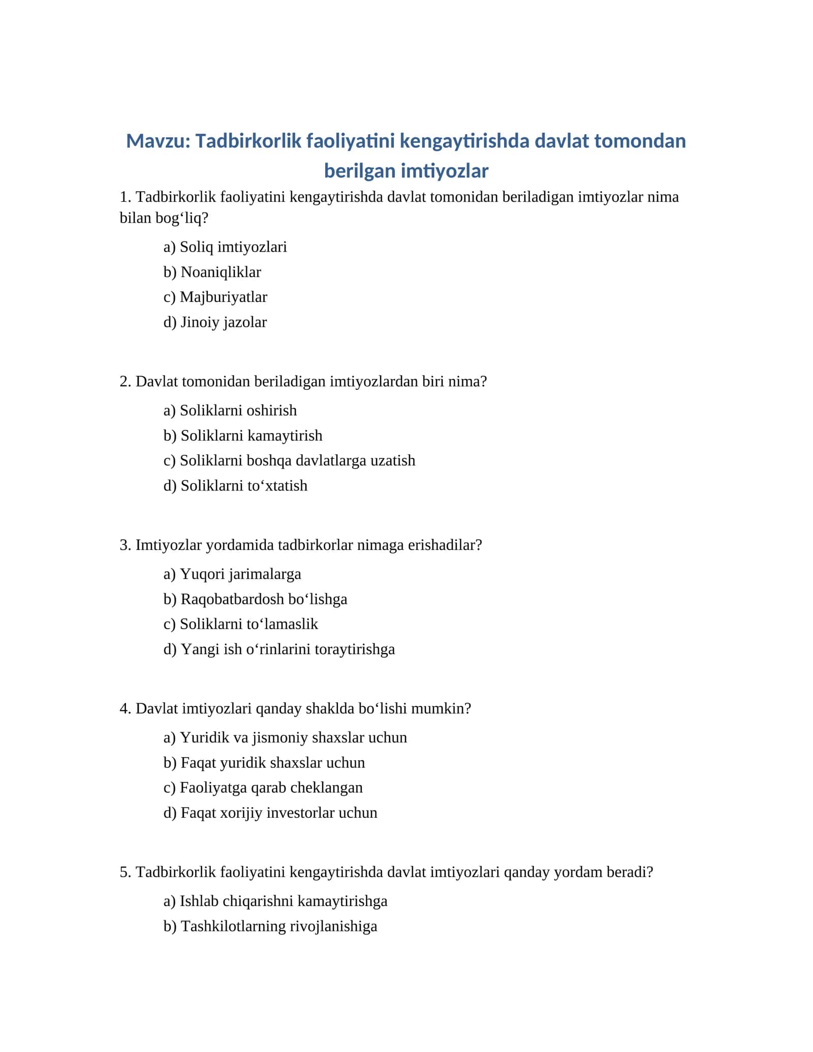 Tadbirkorlik faoliyatini kengaytirishda davlat tomondan berilgan imtiyozlar 1