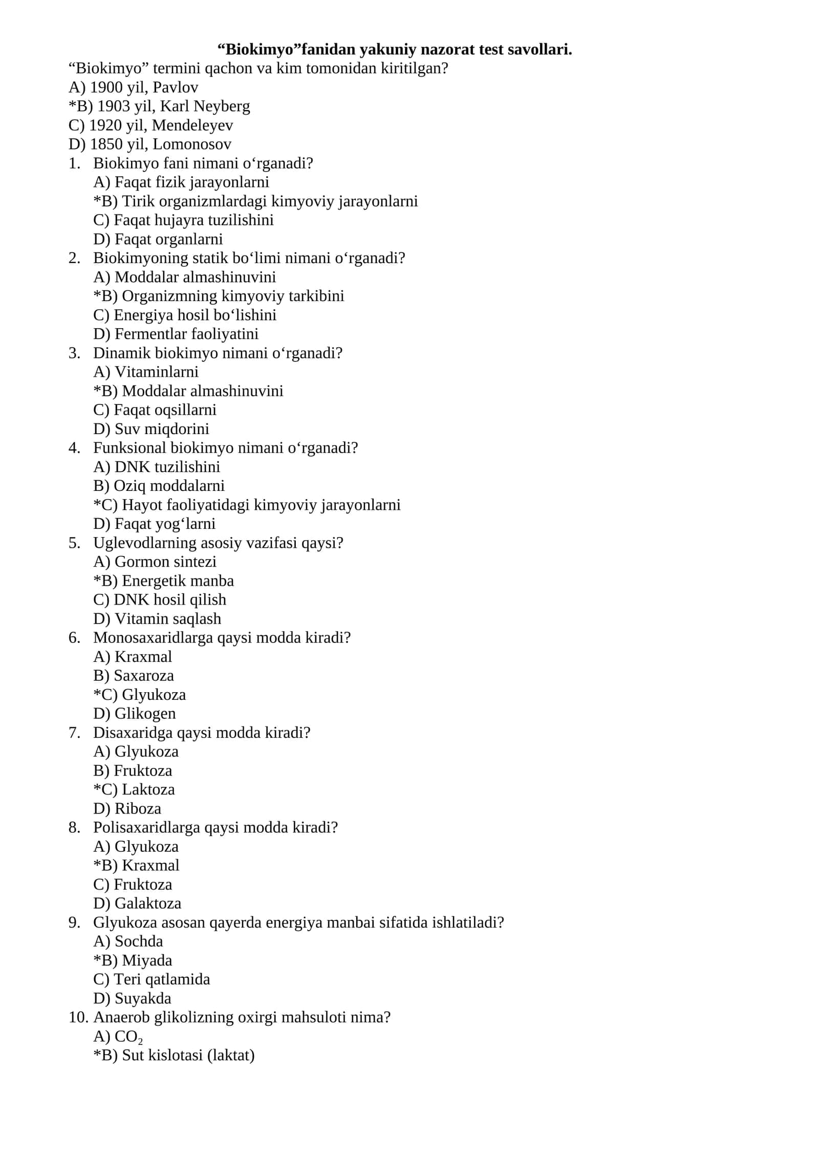 Biokimyo fanidan yakuniy nazorat test savollari 1