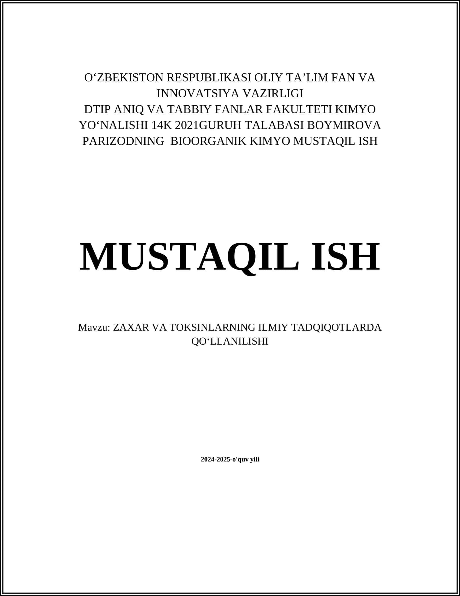 BIOORGANIK KIMYO MUSTAQIL ISH 1