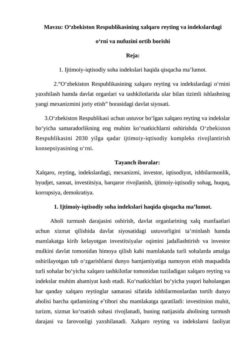 O‘zbekiston Respublikasining xalqaro reyting va indekslardagi o‘rni va nufuzini ortib borishi 1