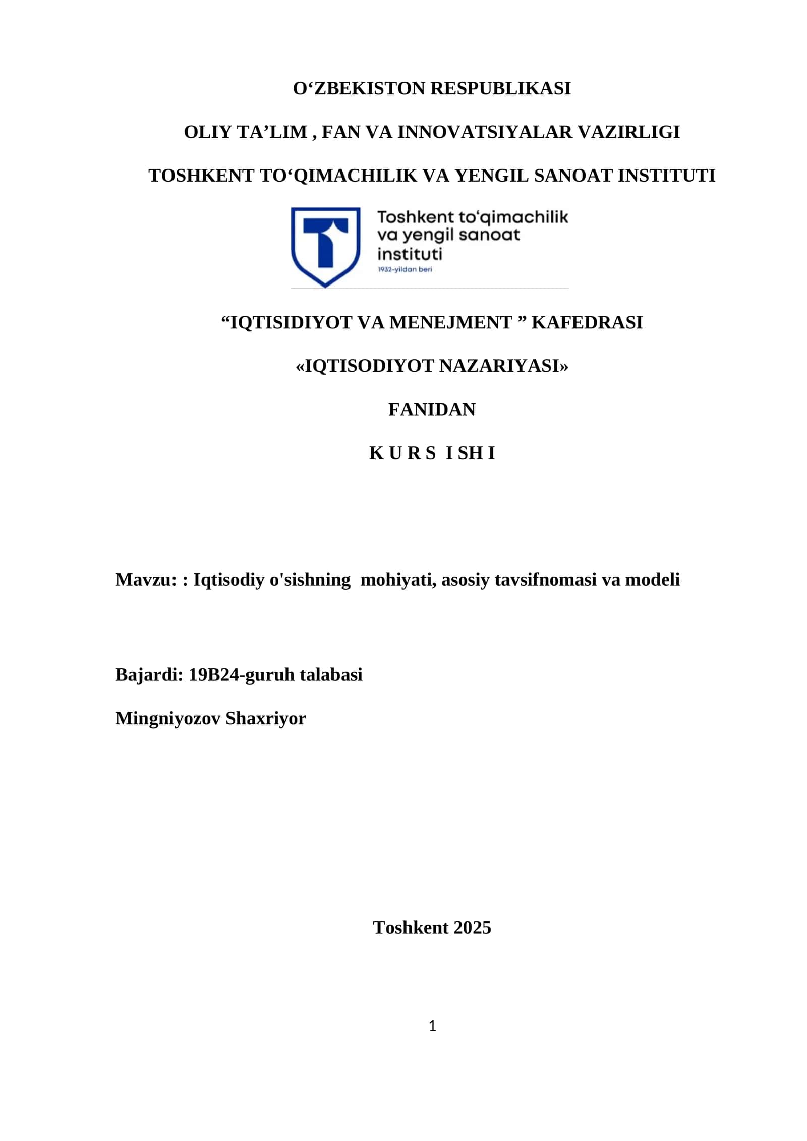 IQTISODIYOT NAZARIYASI FANDAN KURS ISHI 1