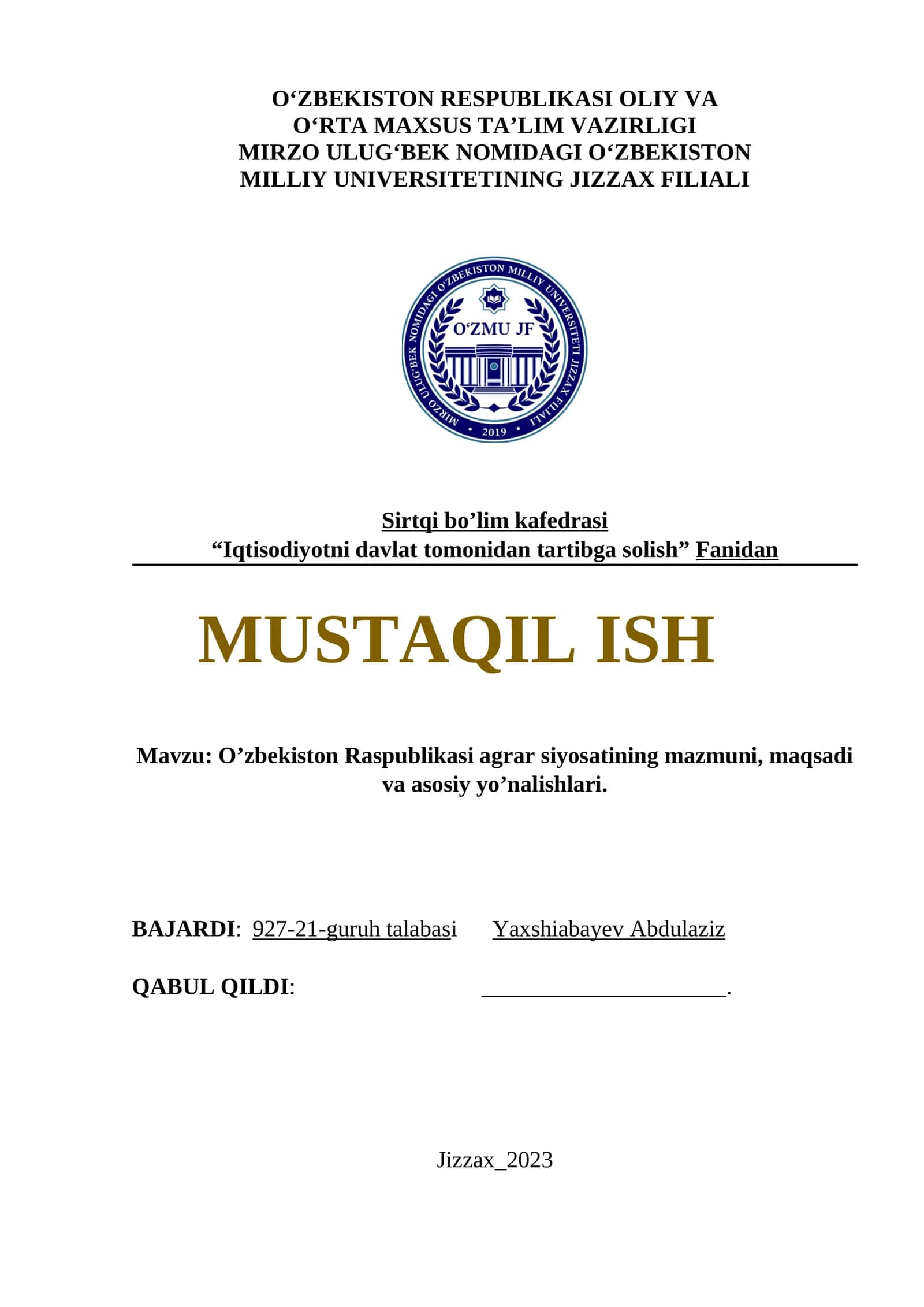 O’zbekiston Raspublikasi agrar siyosatining mazmuni, maqsadi va asosiy yo’nalishlari 1