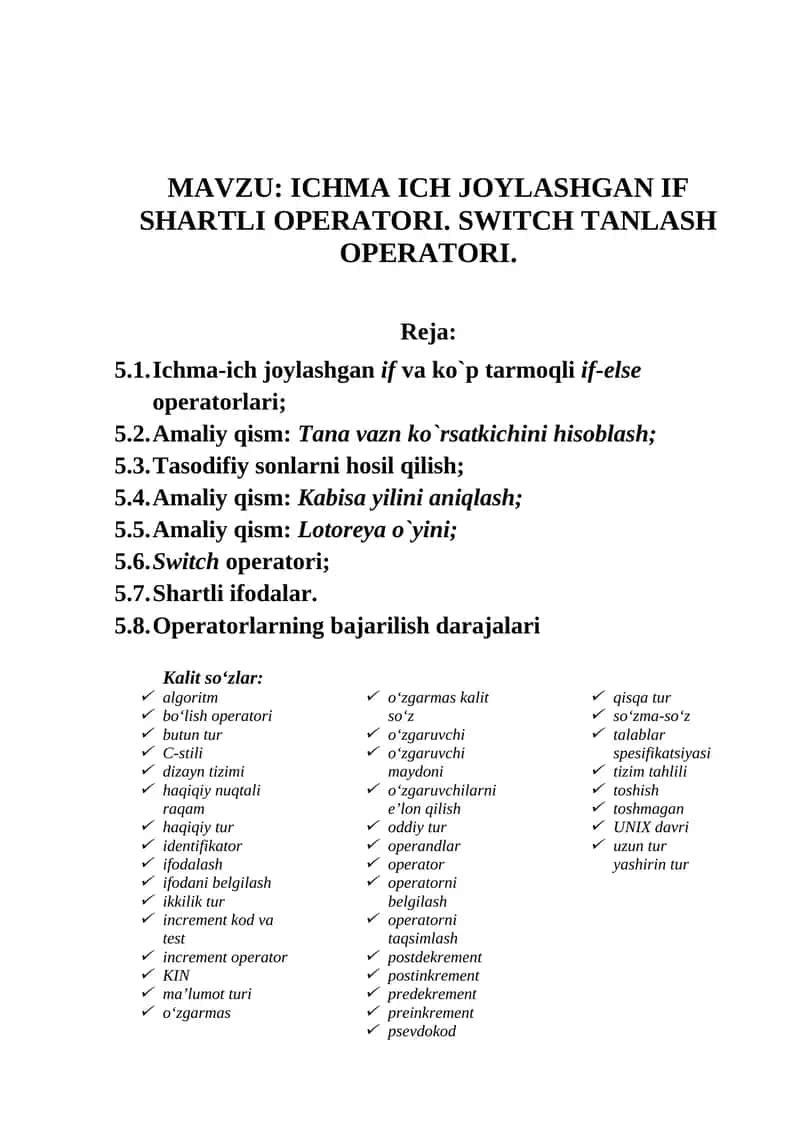 ICHMA ICH JOYLASHGAN IF SHARTLI OPERATORI. SWITCH TANLASH OPERATORI. 1