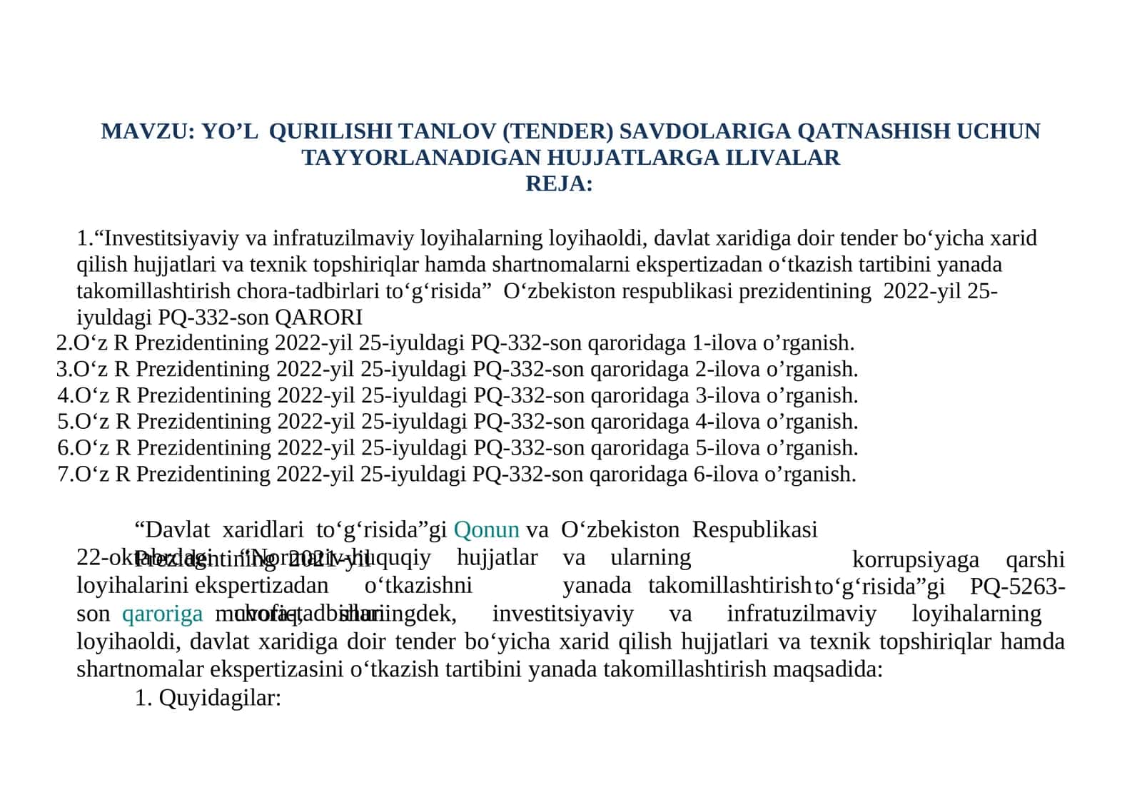 YO’LQURILISHITANLOV(TENDER)SAVDOLARIGAQATNASHISHUCHUN TAYYORLANADIGANHUJJATLARGAILIVALAR 1