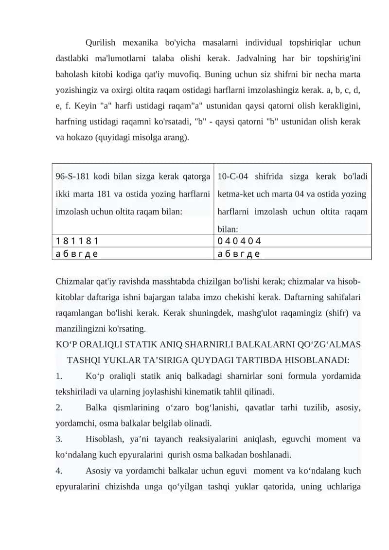 KО‘P ORALIQLI STATIK ANIQ SHARNIRLI BALKALARNI QО‘ZG‘ALMAS TASHQI YUKLAR TA’SIRIGA QUYDAGI TARTIBDA HISOBLANADI 1