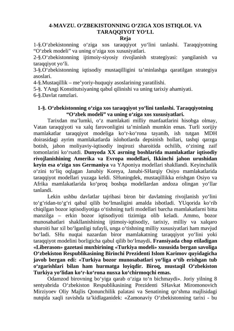 O‘ZBEKISTONNING O‘ZIGA XOS ISTIQLOL VA TARAQQIYOT YO‘LI 1