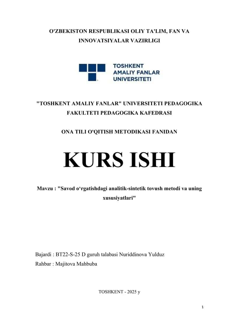 Savod oʻrgatishdagi analitik-sintetik tovush metodi va uning xususiyatlari 1