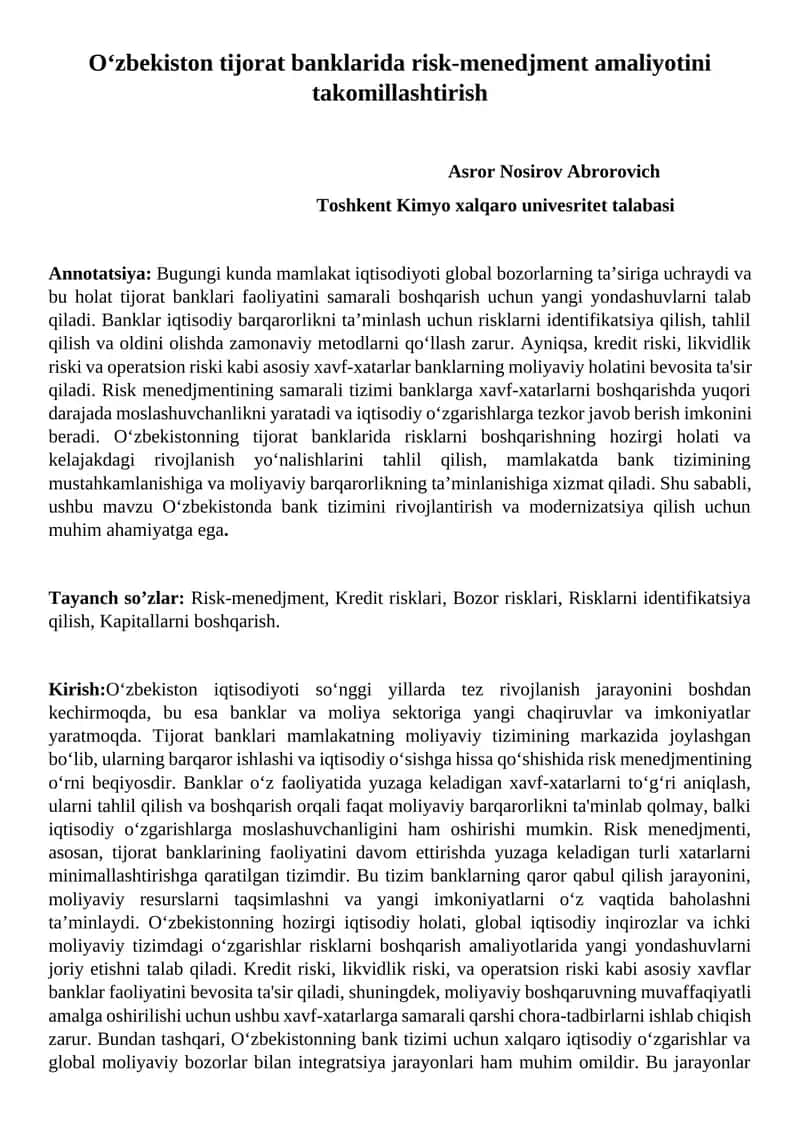 O‘zbekiston tijorat banklarida risk-menedjment amaliyotini takomillashtirish 1
