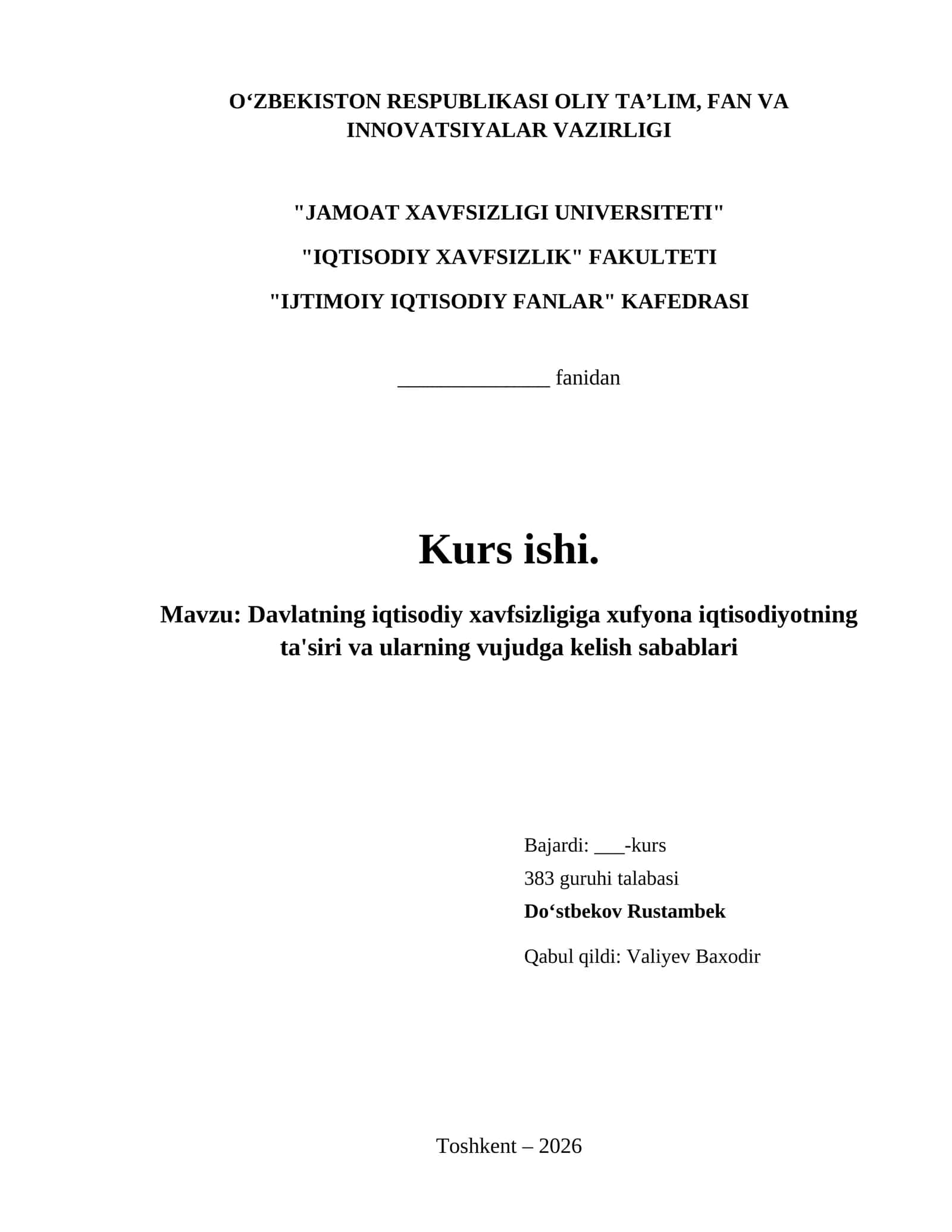 Davlatning iqtisodiy xavfsizligiga xufyona iqtisodiyotning ta'siri va ularning vujudga kelish sabablari 1